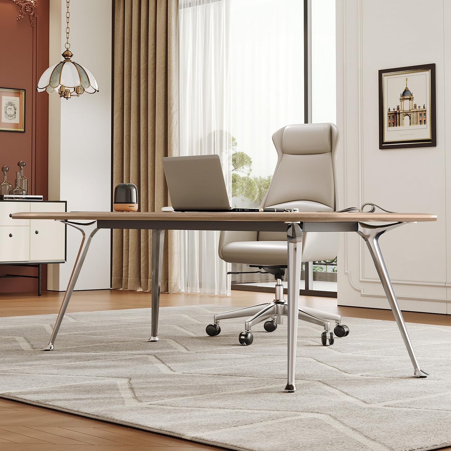 MesaSync 60-Inch Executive Desk, Wooden Office Computer Desk with USB Ports, Large Modern Writing Table, Workstation Business Furniture Minimalist Style for Home Office (Light Brown, 60 Inch)