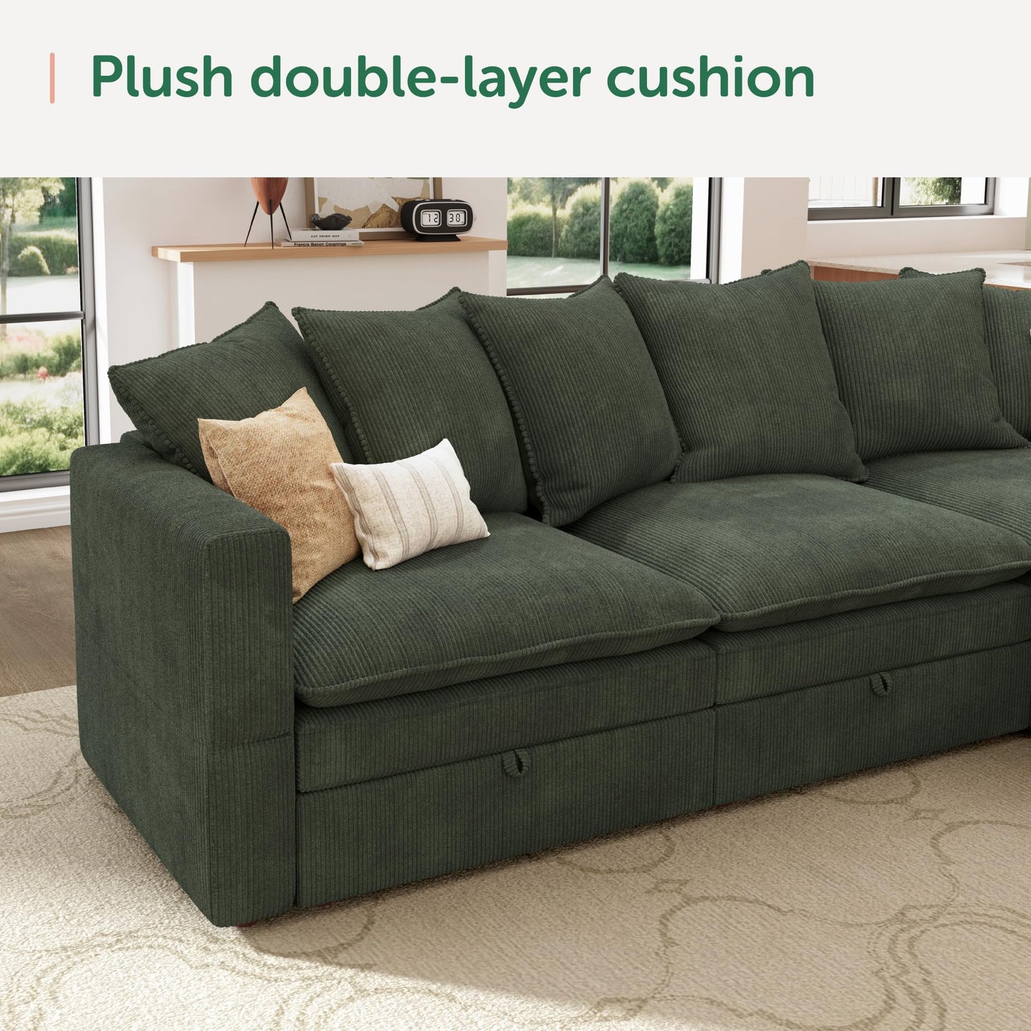 HONBAY Modular Sectional Sofa with Ottoman, 7 Seat U Shaped Couch with Storage & Pillows, 137 Inch Oversized Sectional Sofa for Living Room, Green