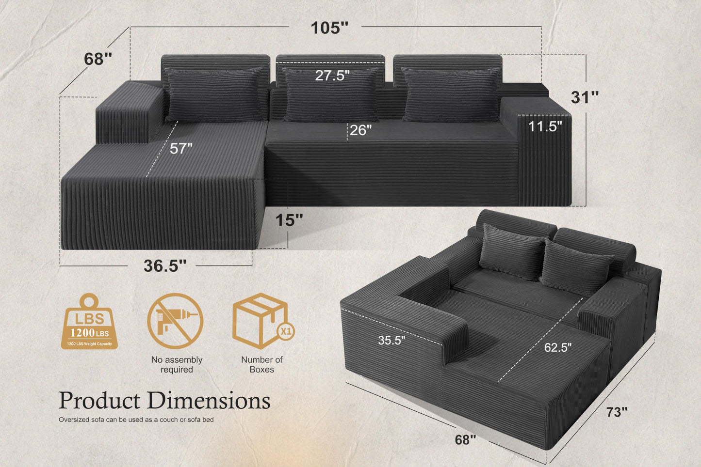 HABUTWAY Sectional Couches for Living Room,No Assembly L Shaped Couch 105" Modular Sectional Sofa Couch with Deep Seat,Cloud Couches Furniture Sets for Apartment,Corduroy (Dark Grey, Left Facing)