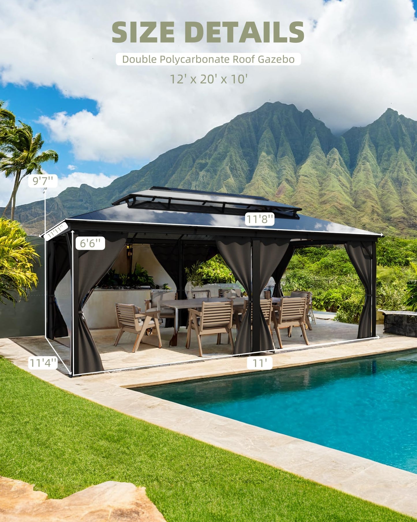12' x 20' Permanent Outdoor Hardtop Gazebo, Sturdy Aluminum Frame Backyard Canopy with Double Polycarbonate Roof, Includes Mosquito Netting and Curtains for Patio, Lawn & Garden