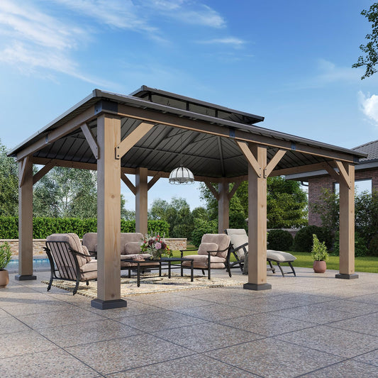 Aoxun 12' x 20' Outdoor Wood Gazebo, Hardtop Gazebo Permanent Wooden Pavilion with Galvanized Steel Double Roof, for Patio, Garden, Yard, Cedar Wood, Grey