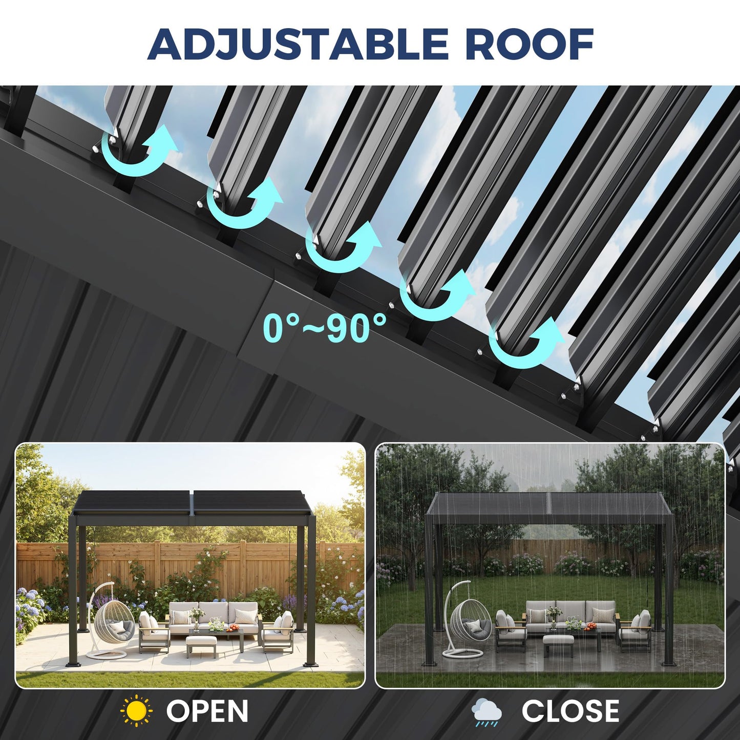 10' x 12' Louvered Pergola, Outdoor Pergola with Metal Adjustable Louvered Roof & Gutter System, Hardtop Patio Gazebo for Backyard, Patio, Garden, Dark Gray