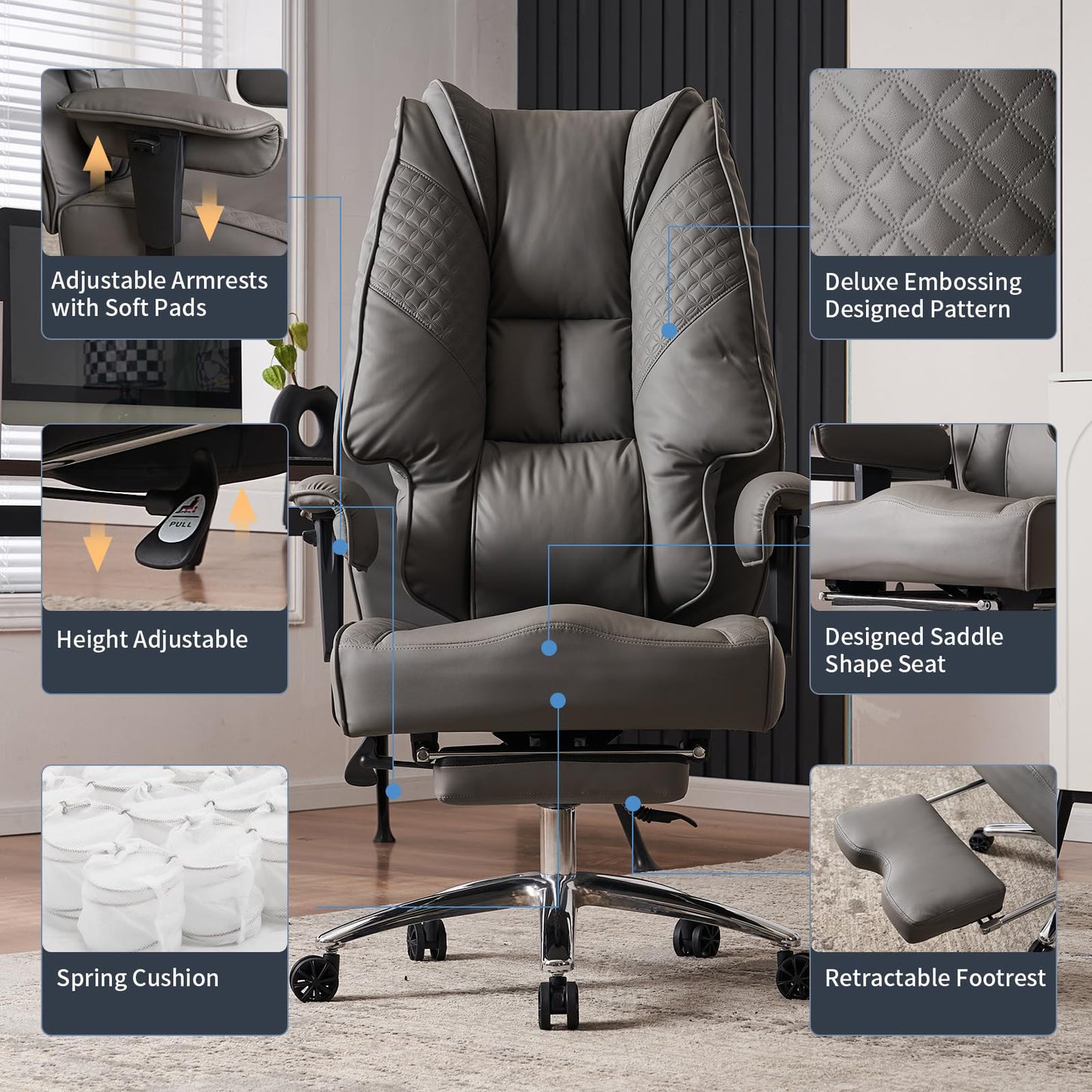EXCEBET Big and Tall Office Chair 400lbs Wide Seat, Leather High Back Executive Office Chair with Foot Rest, Ergonomic Chairs Lumbar Support for Lower Back Pain Relief (Grey)