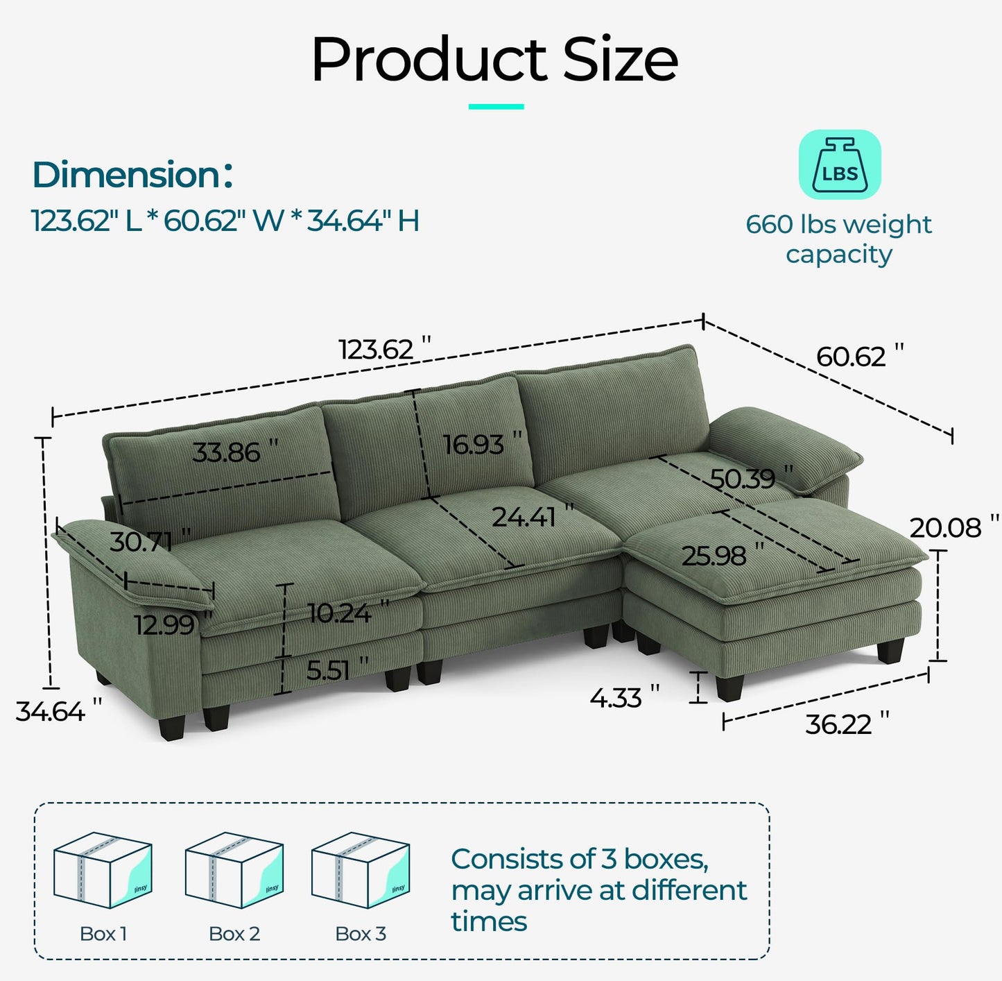LINSY HOME 123'' Modular Sectional Sofa Green Couch Corduroy Cloud Couches for Living Room, L Shaped Couch with Movable Ottoman, Modern Cloud Sectional Sofas for Bedroom and Apartment, Green