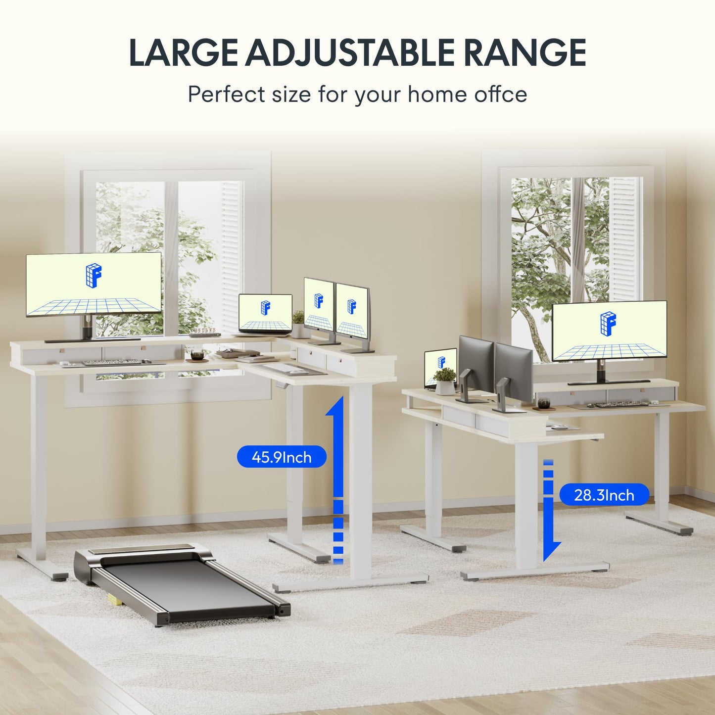FLEXISPOT 63" L Shaped Standing Desk with Shelf Electric Corner Table, Drawers, Adjustable Computer Workstation for Home, Office, 63x55in, Light Maple Top + White Frame