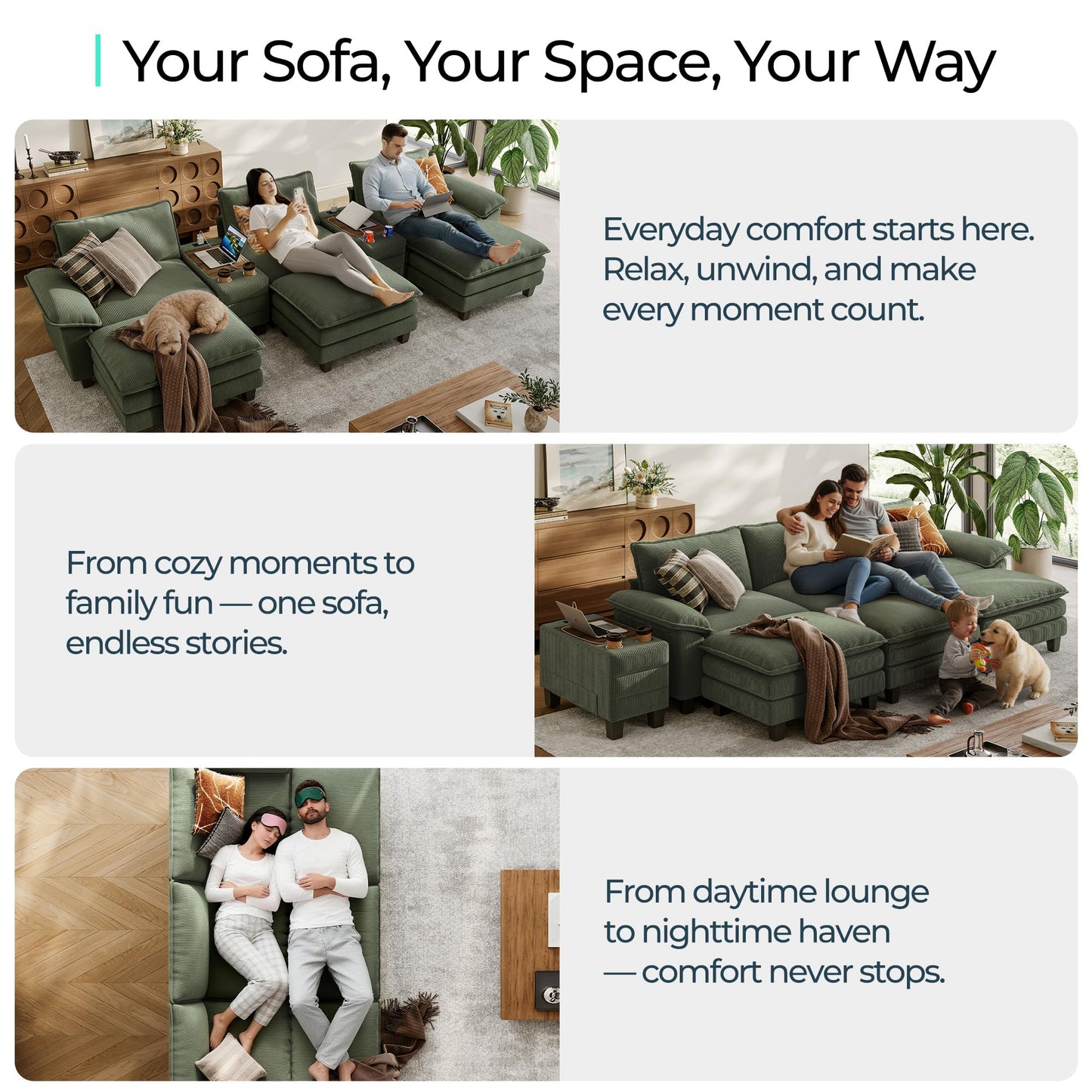 LINSY HOME Modular Sectional Sofa for Living Room, Corduroy Cloud Couch with Storage Console, USB Charging, Cup Holders, Comfy Modern Modular Cloud Couches with Movable Ottoman (Green)