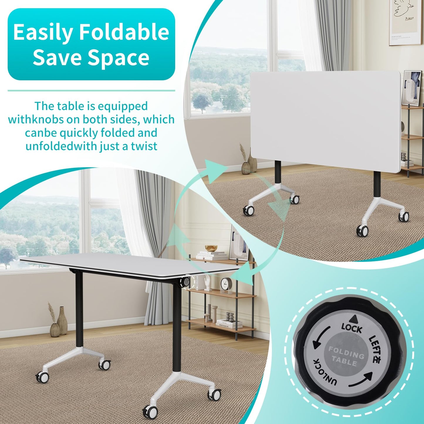 ZanyCajole Conference Room Table, Folding Conference Table with Silent Wheels, Modular Flip Top Mobile Training Tables for Office, Training Room, Meeting Rooms, School, 2-16 Person (8, White, 55.1in)