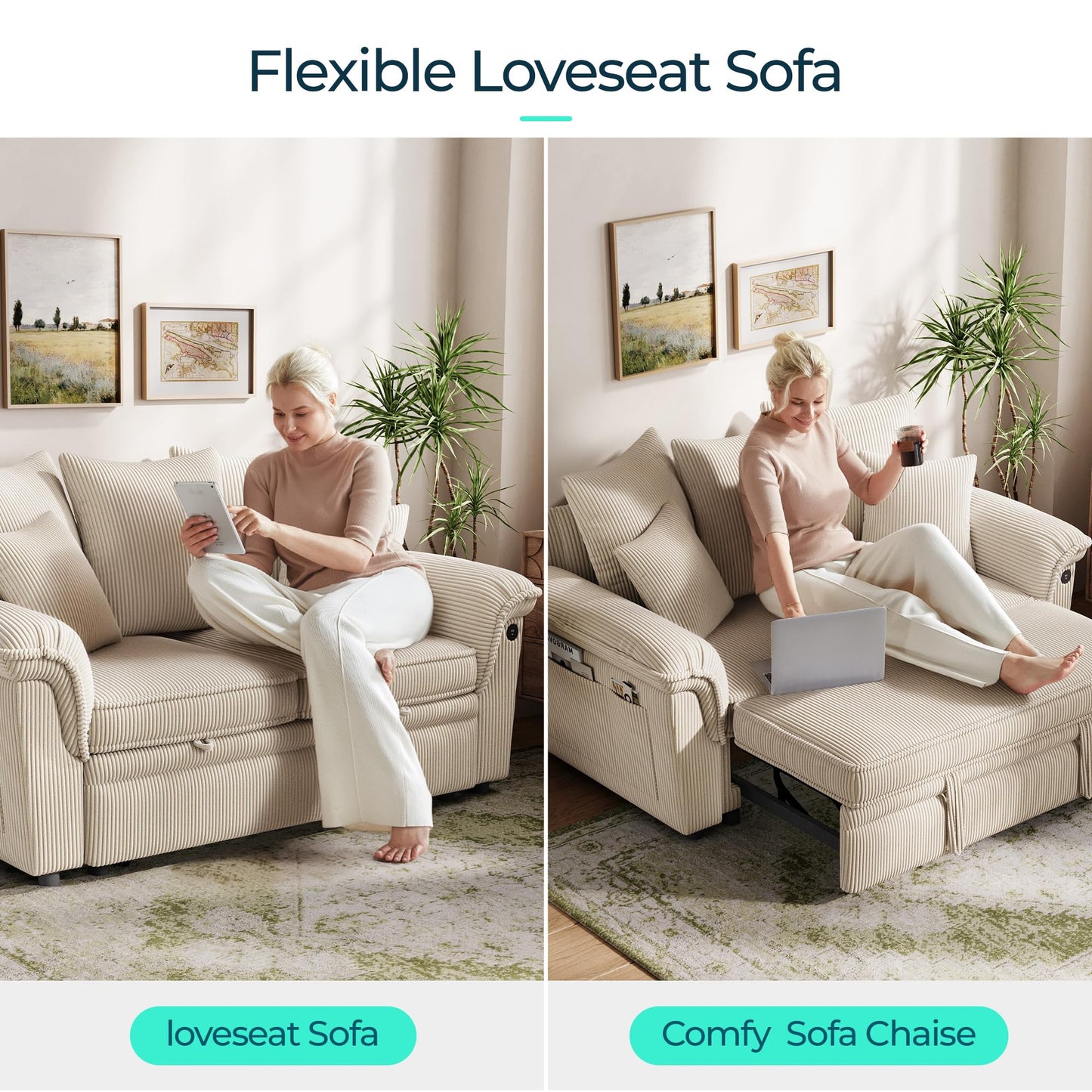 LINSY HOME Sectional Loveseat Sofa with Pull Out Chaise (Beige, 62.5'')