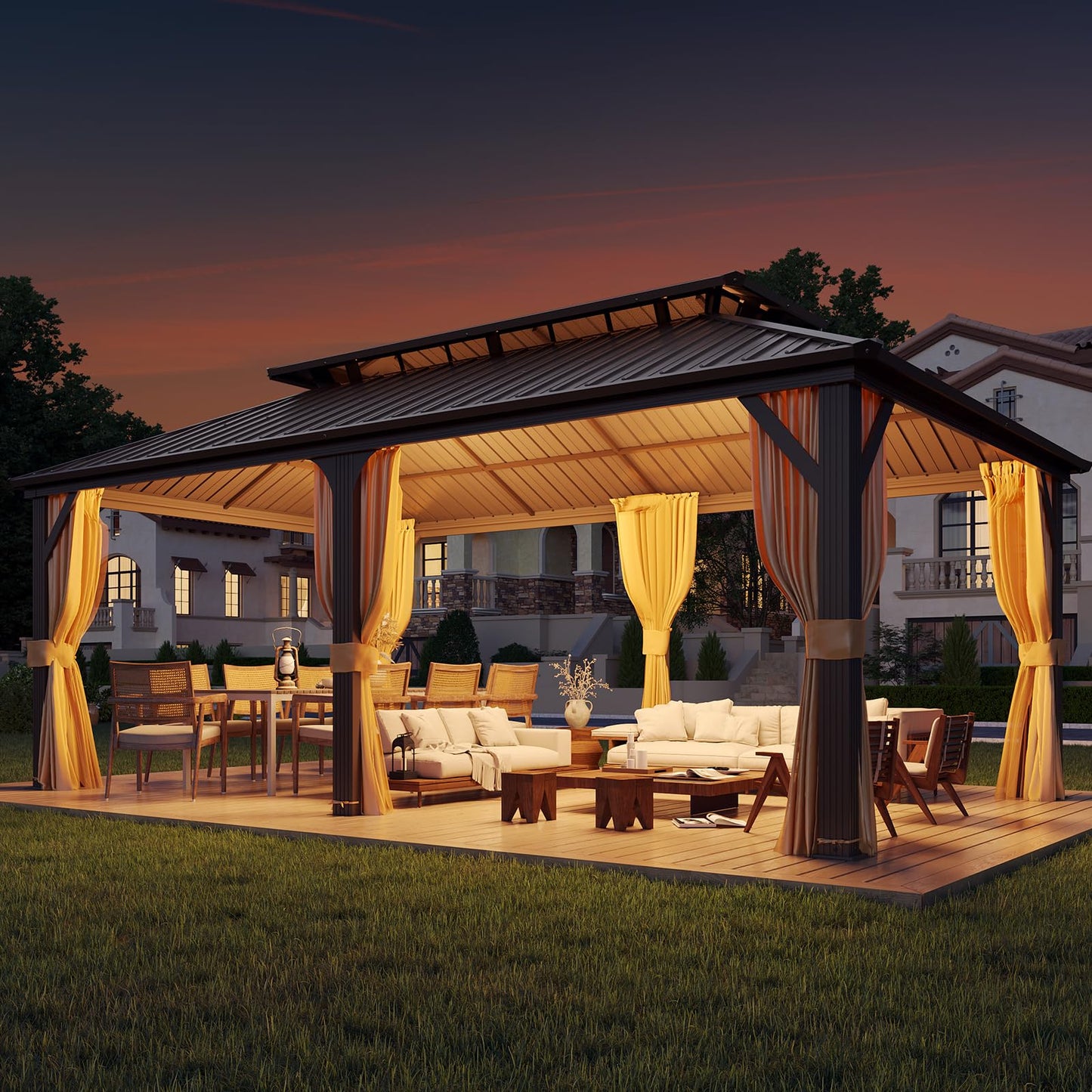 YOLENY 12' X 20' Hardtop Gazebo, Galvanized Steel Ventilation Double Roof Aluminum Frame, Curtains and Netting Included, Outdoor Gazebo for Garden, Patio, Lawns, Parties