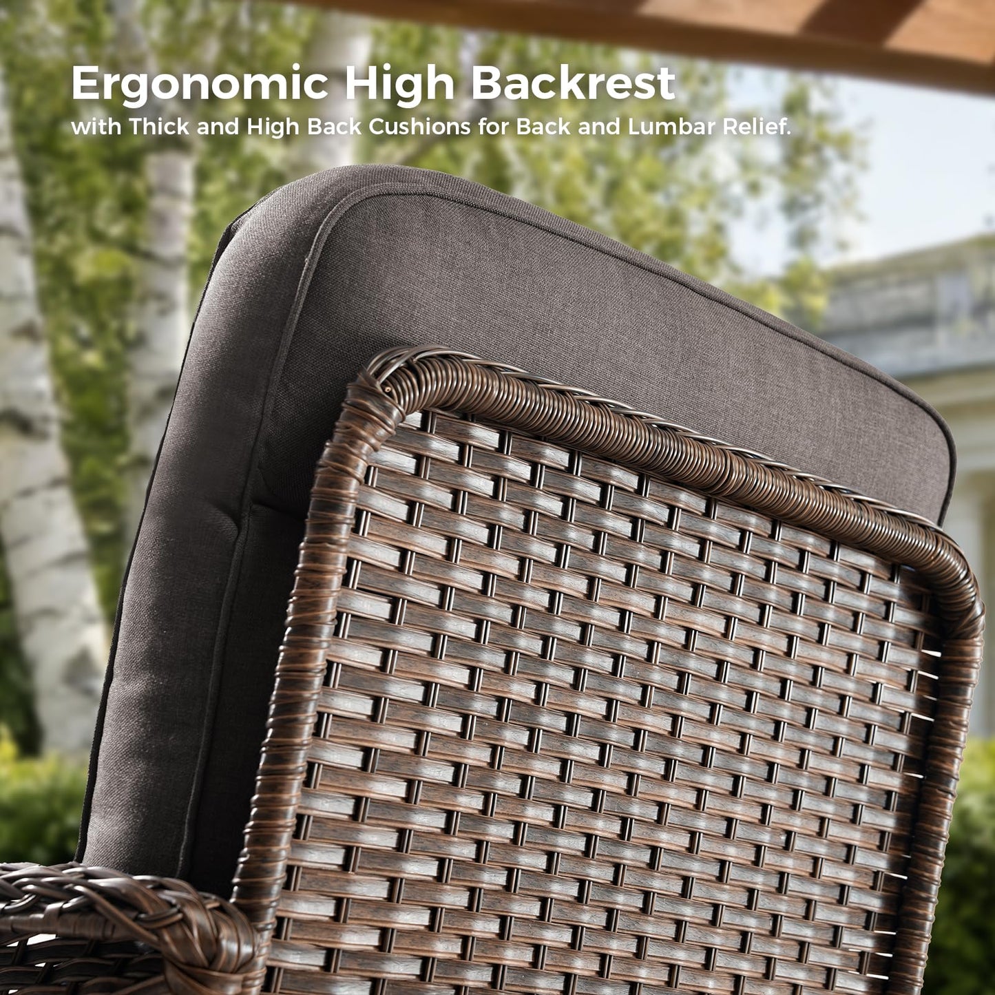 Luxury Outdoor Swivel Rocker Patio Chairs with 6-Inch Thick Cushions, High Back Swivel Glider Patio Chairs, 3PCS Wicker Outdoor Furniture Set for Porch, Patio, Yard, Deck, Poolside, Brown/Grey