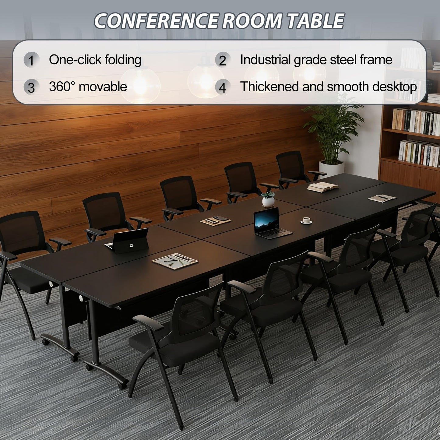 Conference Room Table with Wheels 6ft Folding Modular Large Black Conference Table Foldable Modern Rectangle Training Meeting Tables for Classroom Office(6, Black, D 55")
