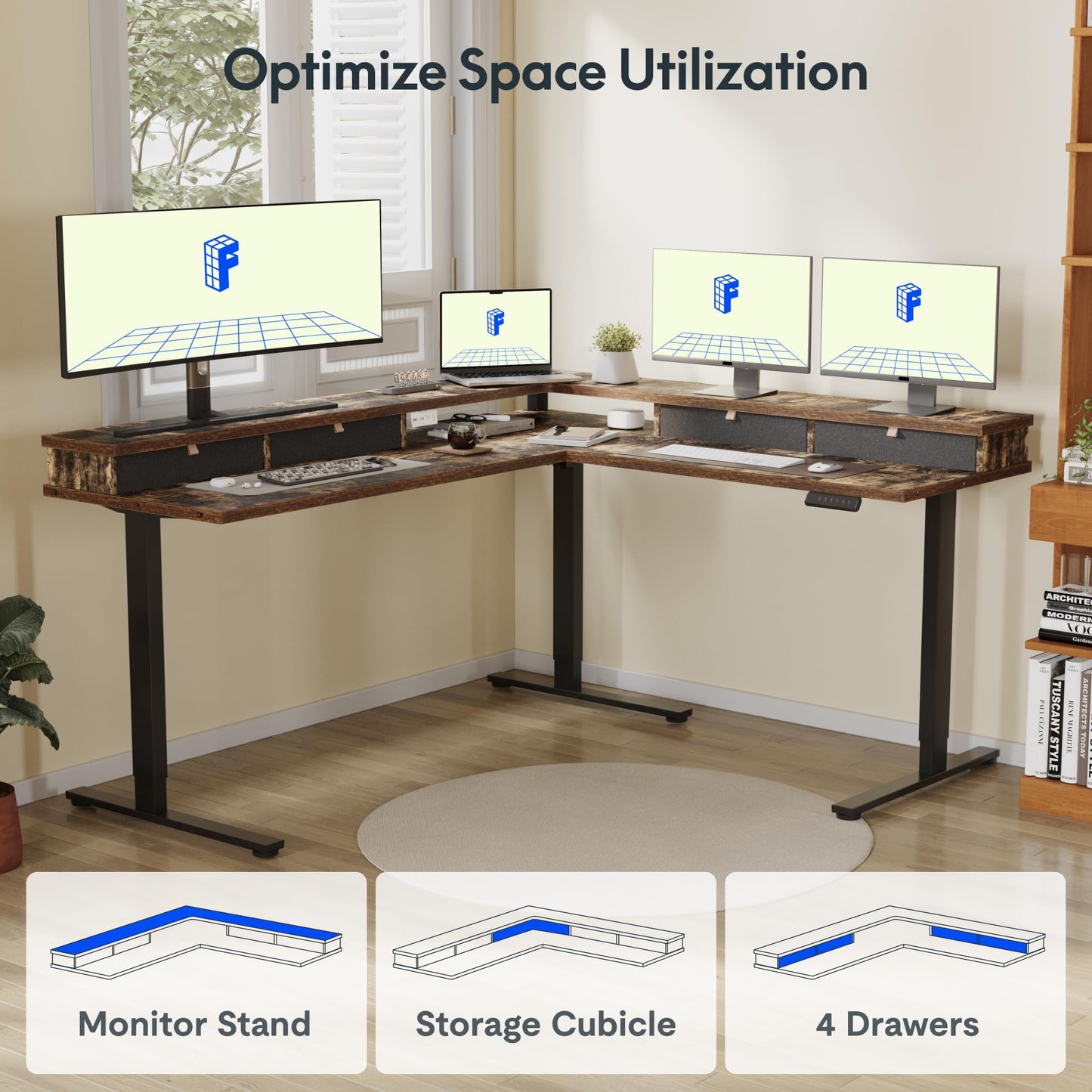 FLEXISPOT 63" L Shaped Standing Desk Electric Corner Table with Shelf, 4 Storage Drawers, Adjustable Computer Workstation for Home, Office, Game, Studio, Rustic Brown Top + Black Frame
