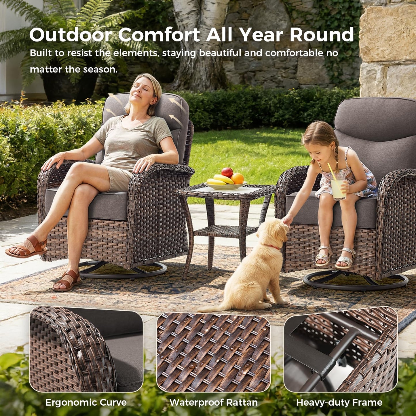 Luxury Outdoor Swivel Rocker Patio Chairs with 6-Inch Thick Cushions, High Back Swivel Glider Patio Chairs, 3PCS Wicker Outdoor Furniture Set for Porch, Patio, Yard, Deck, Poolside, Brown/Grey