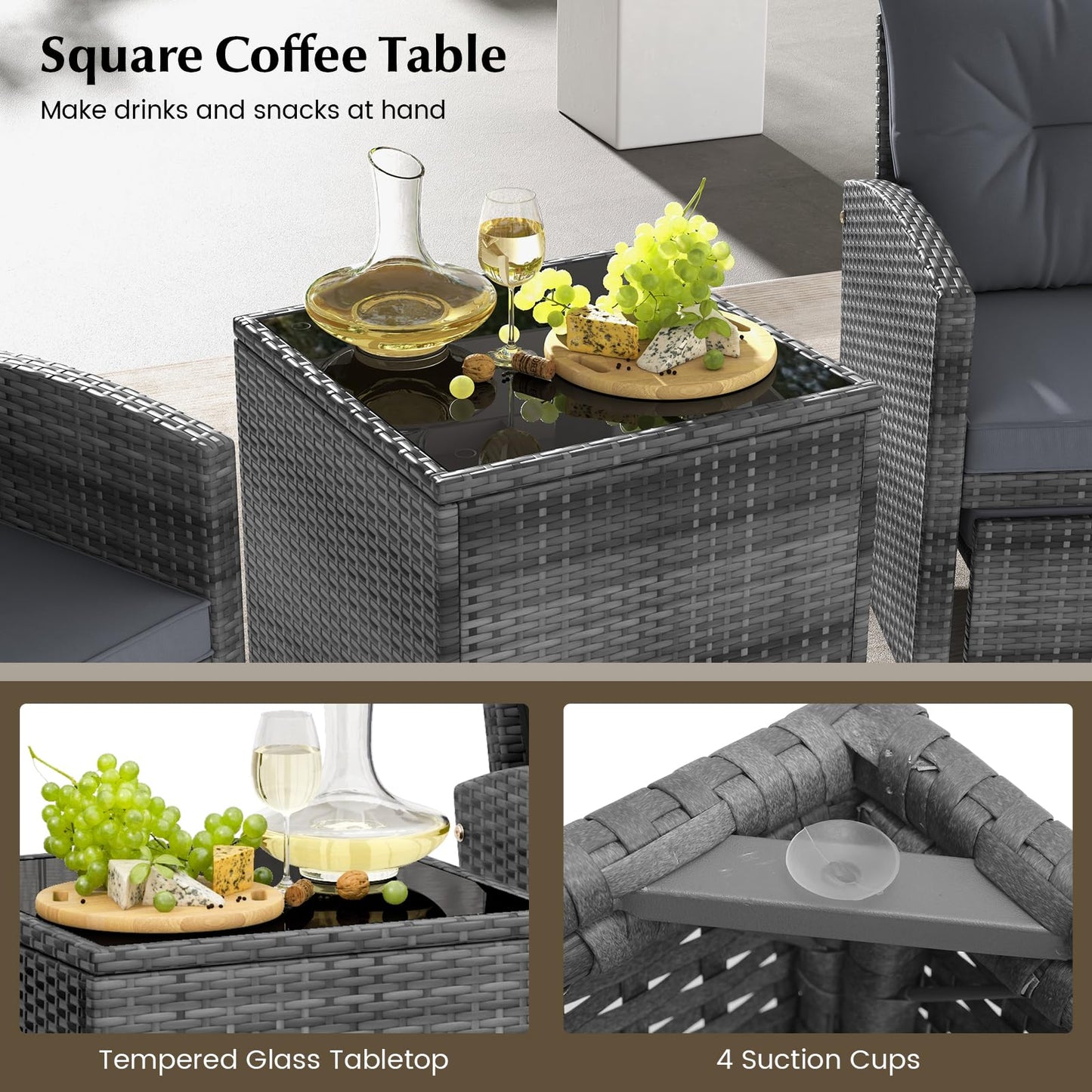 Tangkula 5 Pieces Patio Conversation Set, PE Wicker Rattan Outdoor Furniture Set with 2 Chairs, 2 Ottomans & Tempered Glass Coffee Table, Ideal for Poolside, Backyard, Lawn, Deck, Grey