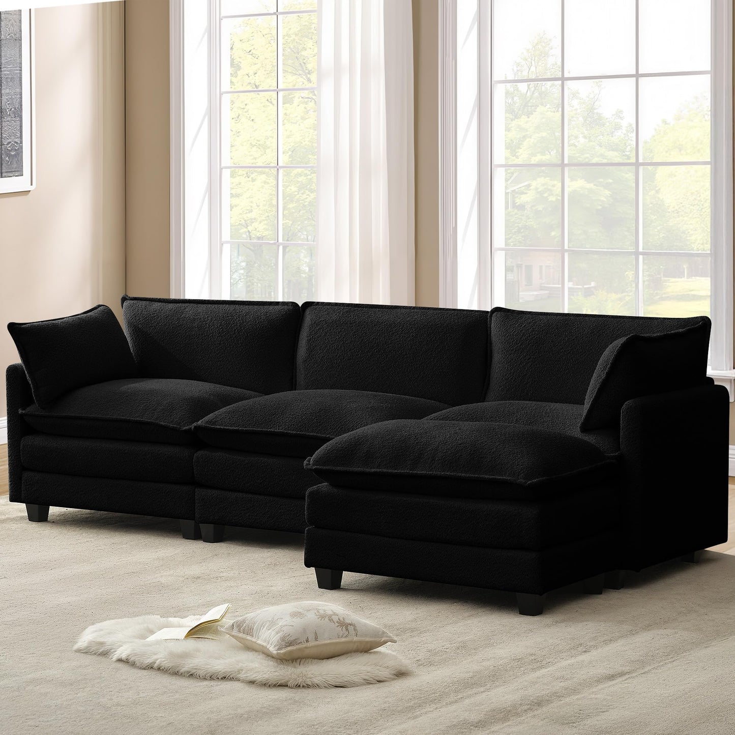 ROWHY 112'' Modular Sectional Cloud Couch with Movable Ottoman, 4 Seat Modern Chenille Sofa with 2 Throw Pillows, Deep Seat L Shaped Couch for Living Room Bedroom Apartment, Black