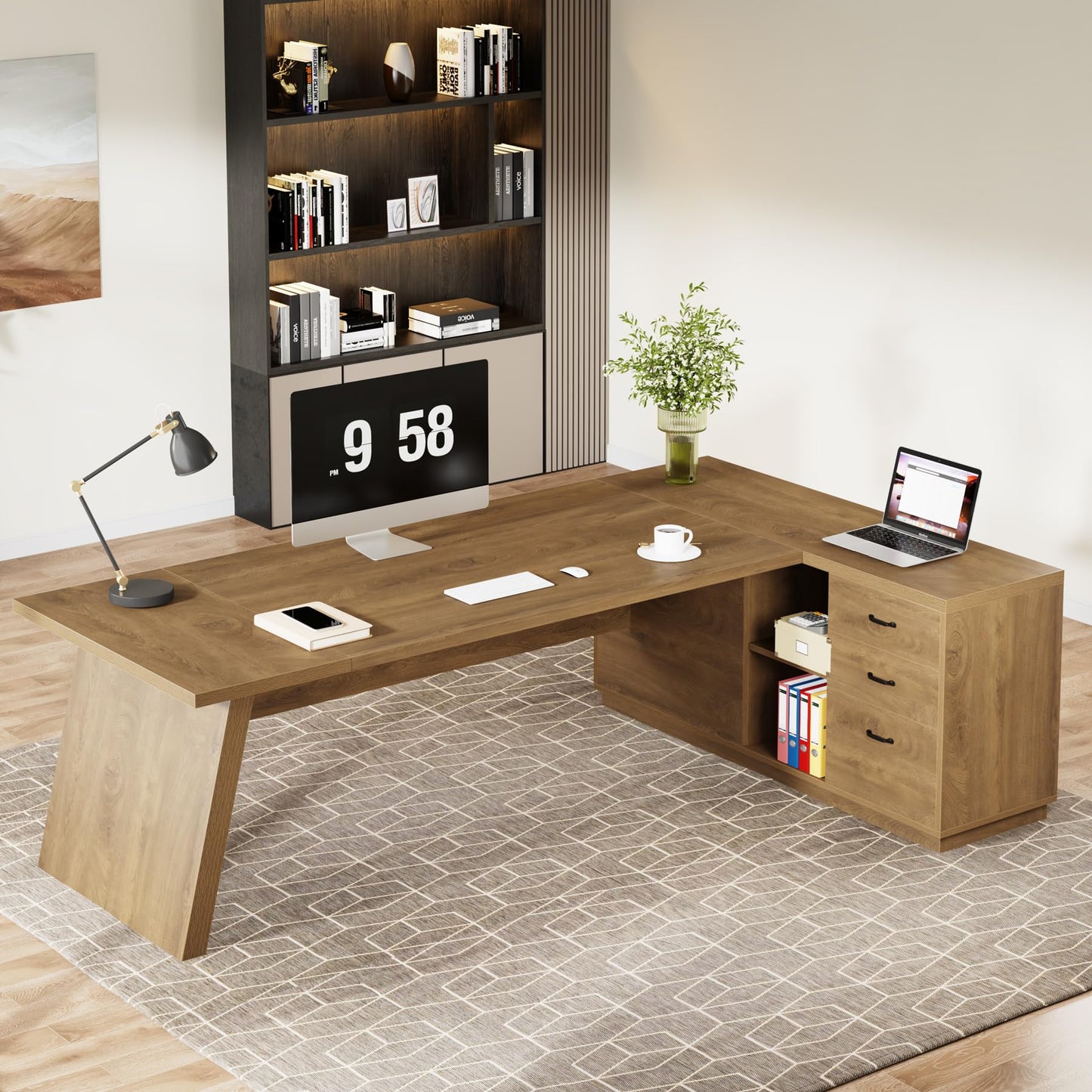 Tribesigns 78" L-Shaped Executive Desk, Large Modern Office Desk with Drawers and Lateral File Cabinet, Business Furniture with Storage Shelves, Big Computer Table for Home Office (Brown)