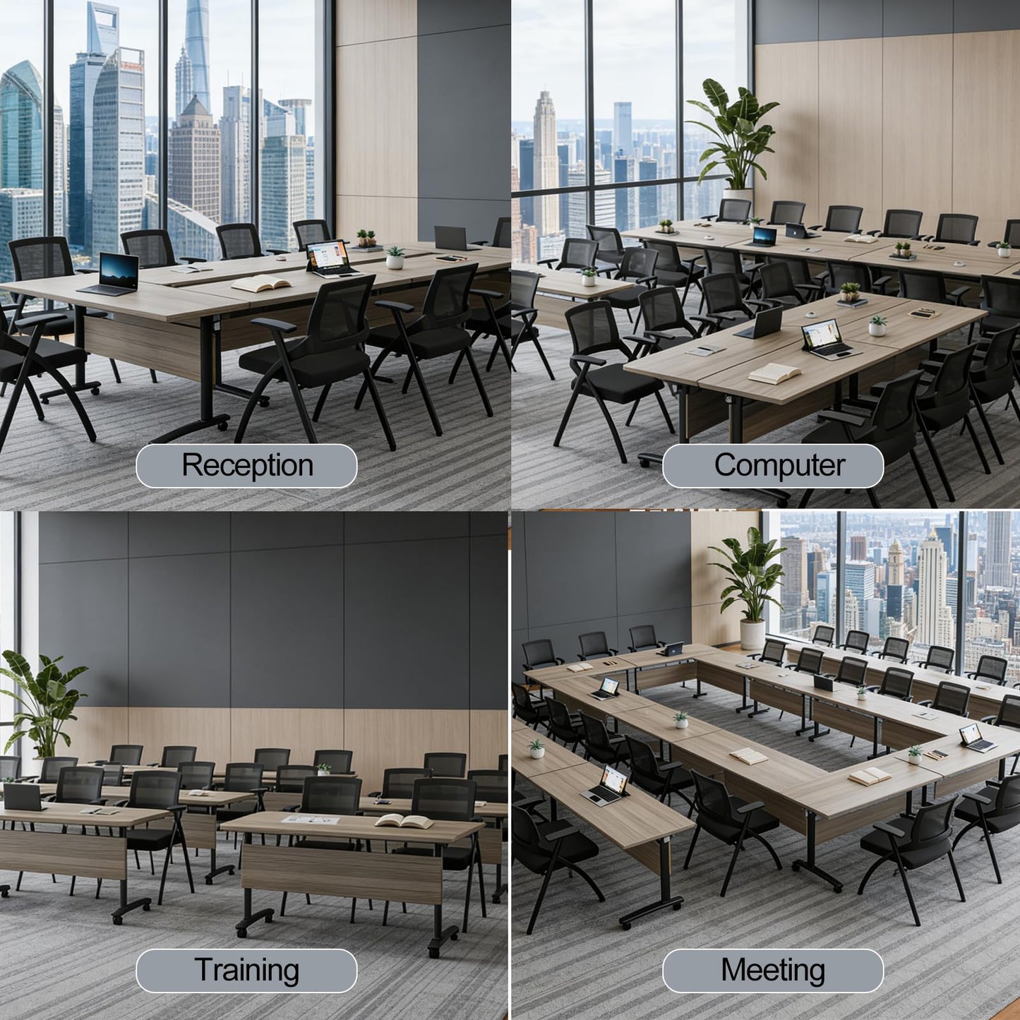 Folding Conference Room Table with Wheels, 6ft Modular Large Mobile Modern Conference Tables Office Meeting Training Table for Classroom(4, Gray, D 55")