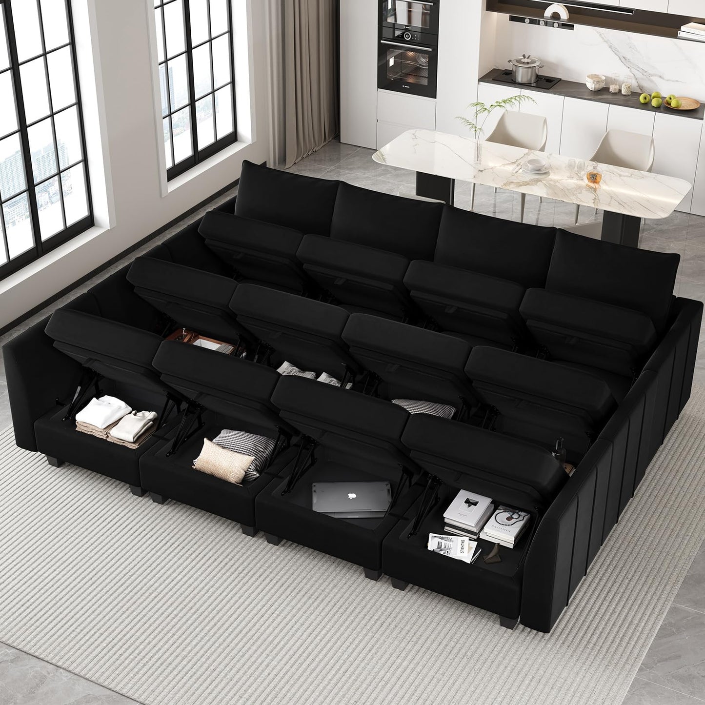 Belffin Oversized Modular Sectional Couch Sleeper Sofa with Storage Velvet Sectional Sofa Bed for Living Room, 12 Seats, Black
