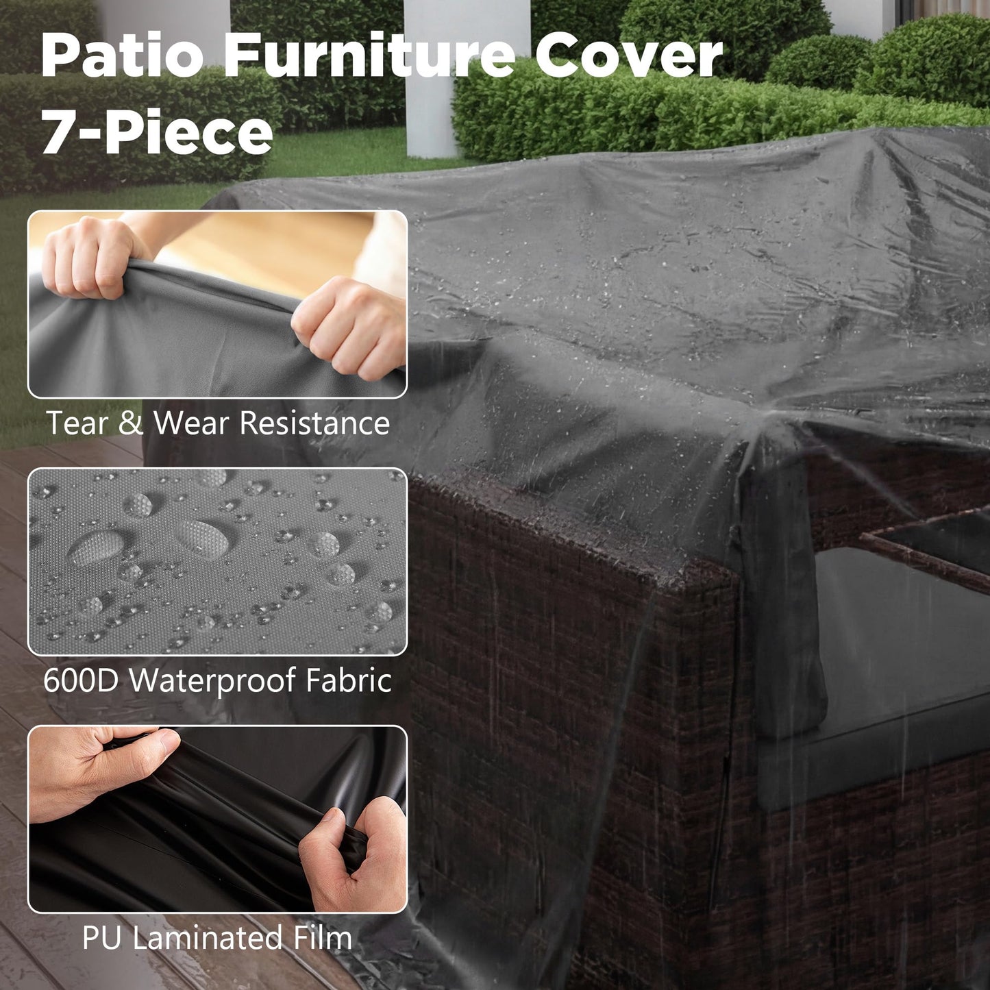 LHBcraft 7 Pieces Outdoor Wicker Rattan Patio Furniture with Rain Cover, Wicker Rattan Outdoor Sectional Sofa Set with Coffee Table & Gery Cushions for Garden, Poolside