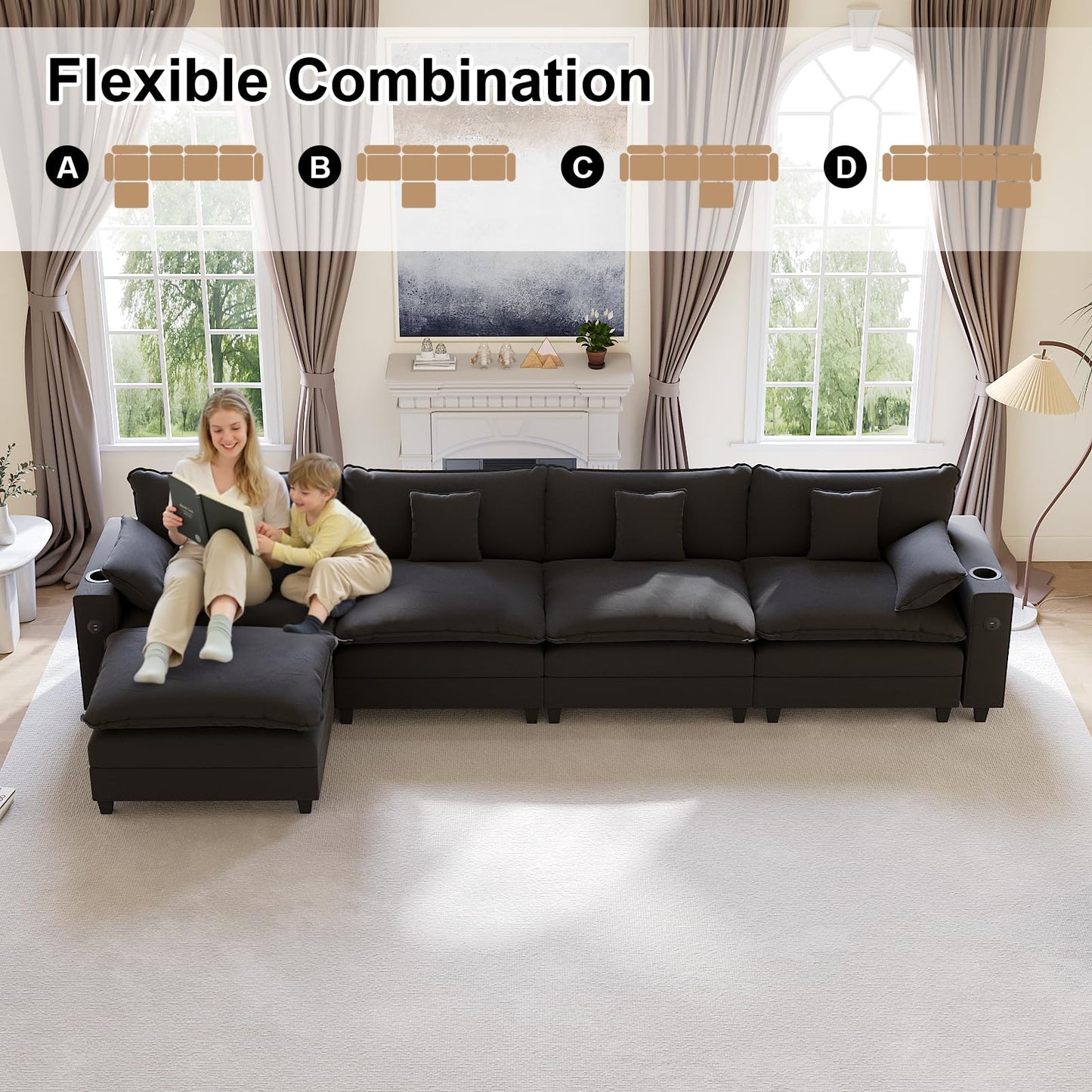 KCGKCG 152" Modular Sectional Sofa, L Shaped Cloud Couch with Movable Ottoman, Chenille Deep Seat Cloud Sofa with Charging Station, Cup Holder, Side Pocket, Sectional Couches for Living Room, Black