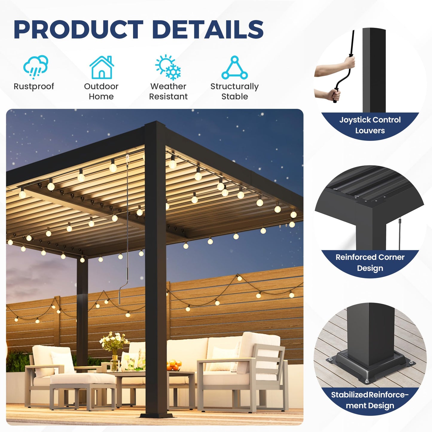 10' x 12' Louvered Pergola, Outdoor Pergola with Metal Adjustable Louvered Roof & Gutter System, Hardtop Patio Gazebo for Backyard, Patio, Garden, Dark Gray