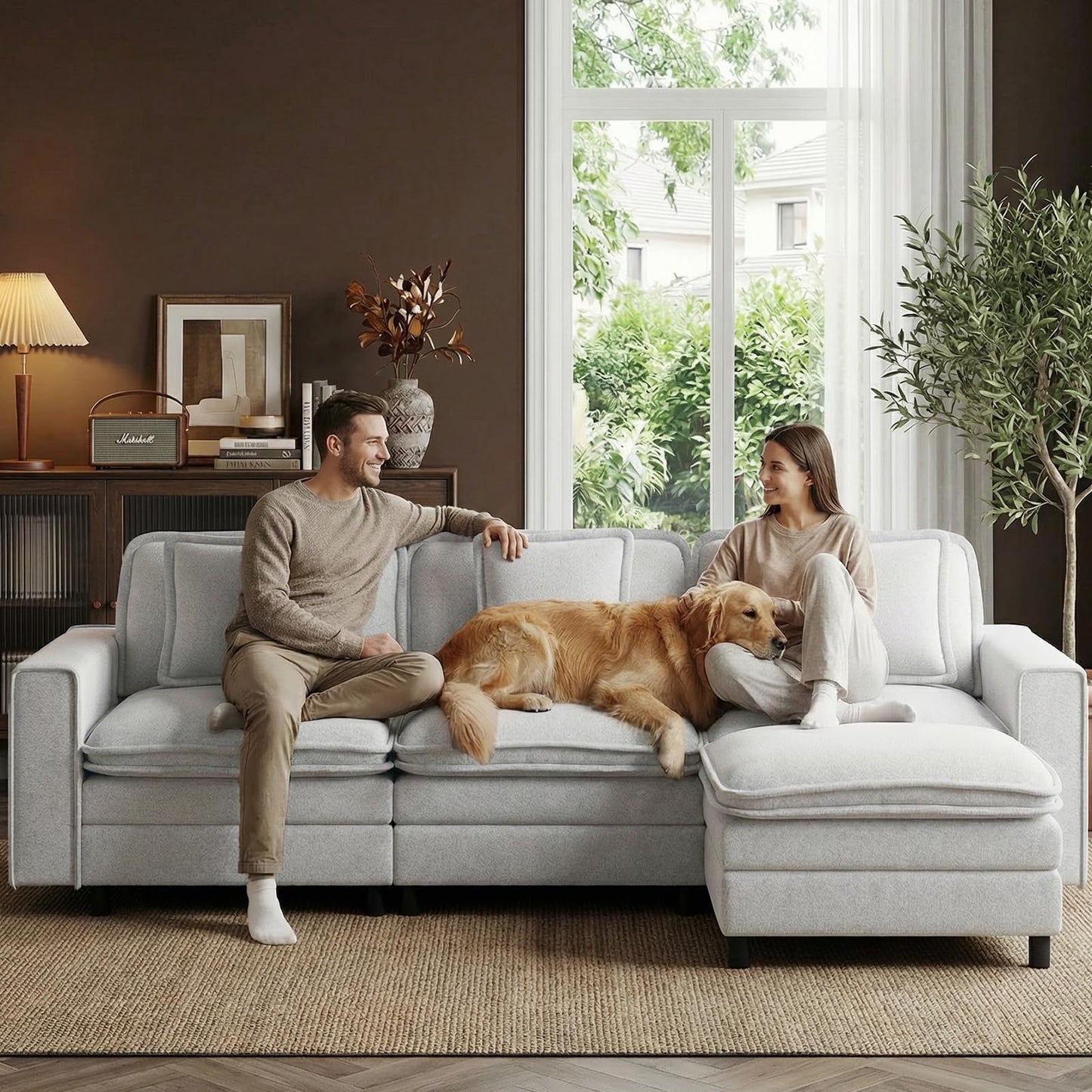 MALOL Modular Sectional Sofa 107", Comfy Cloud Couch with Ottoman, Deep 4-Seat L Shaped Modular Sofa, Couches with Throw Pillows for Living Room, Beige