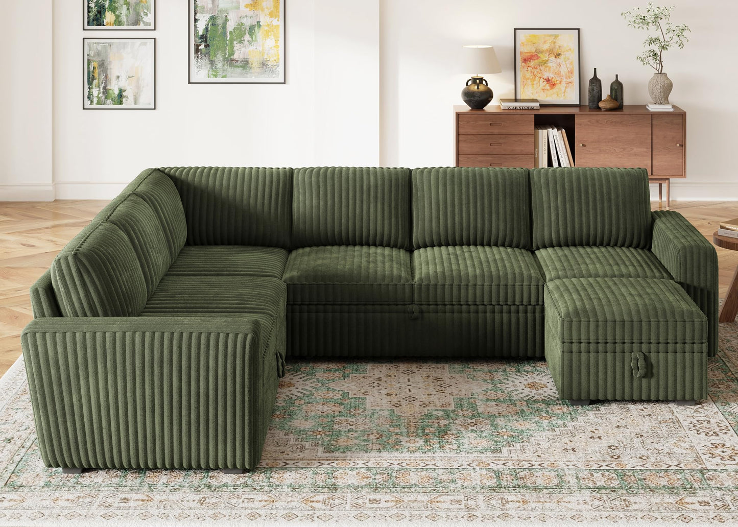 HONBAY Modular Sectional Sleeper Sofa with Pull Out Bed,Corduroy U Shaped Couch with Storage, Sectional Couches for Living Room,Green