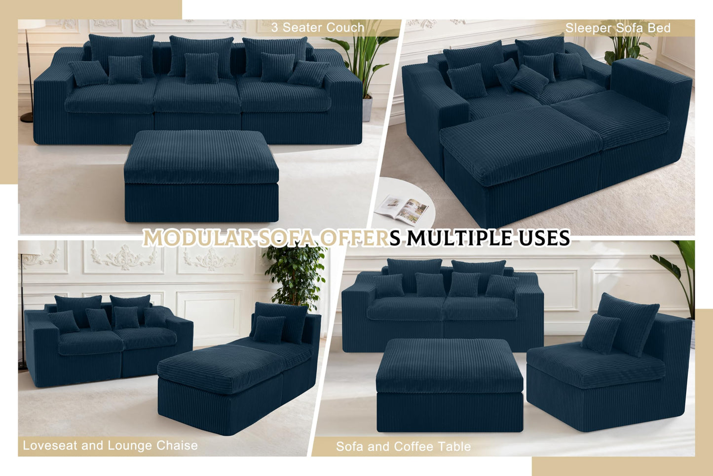 101" Modular Couch Sectionals with Ottoman, Big Comfy Cloud Couches, L Shaped 4 Seat Modular Sectional Sofa, Sectional Double Cushion Couches with Deep Seat for Living Room,No Assembly Required(Blue)