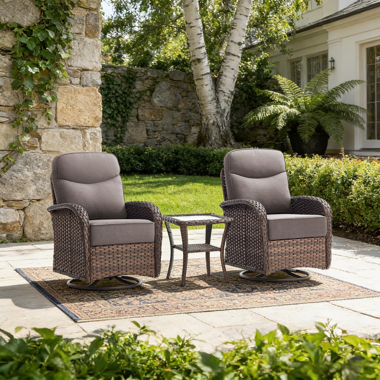 Luxury Outdoor Swivel Rocker Patio Chairs with 6-Inch Thick Cushions, High Back Swivel Glider Patio Chairs, 3PCS Wicker Outdoor Furniture Set for Porch, Patio, Yard, Deck, Poolside, Brown/Grey