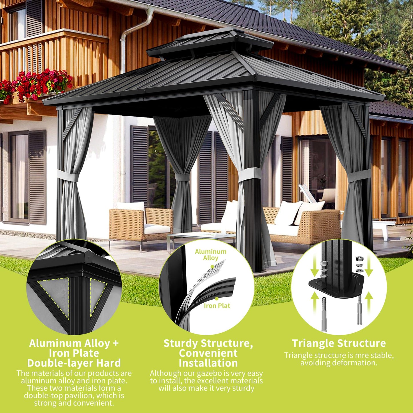10' x 12' Aluminum Hardtop Gazebo with Double Metal Roof, All-Weather Permanent Outdoor Canopy with Netting & Curtains for Patio, Backyard, Deck, and Lawn