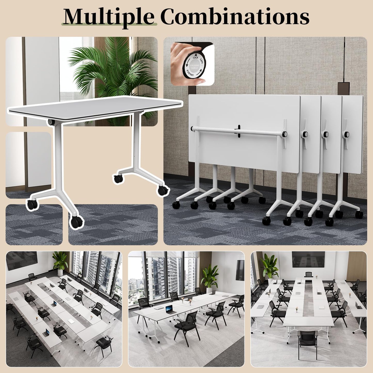 Modular Folding Conference Table with Wheels,8 Pack Mobile Conference Room Tables,Filp Top Rolling Meeting Training Tables for Office,Classroom,Library,Seminar,Boardroom,school(8pack,White,71in)