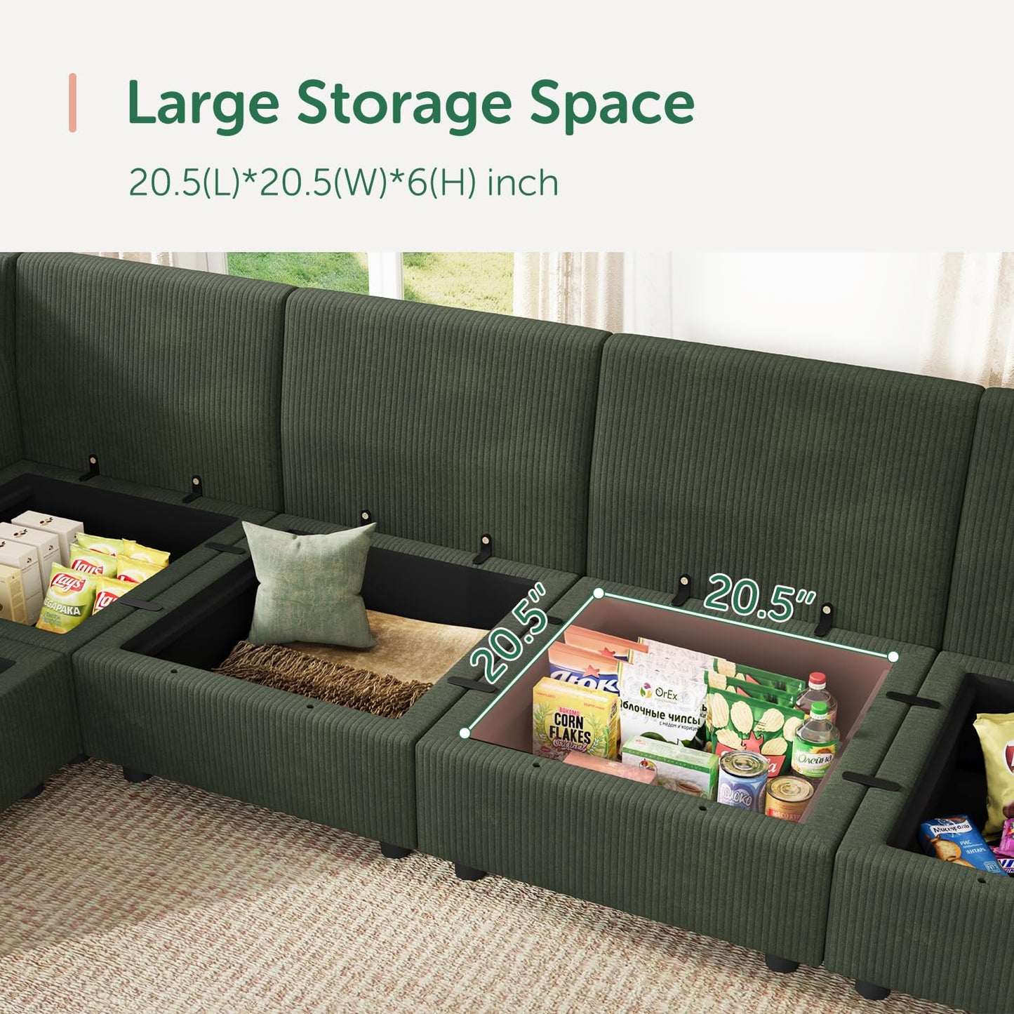 HONBAY Modular Sectional Sofa with Storage, U Shaped Couch Modular Convertible Sectional Couches for Living Room - Green