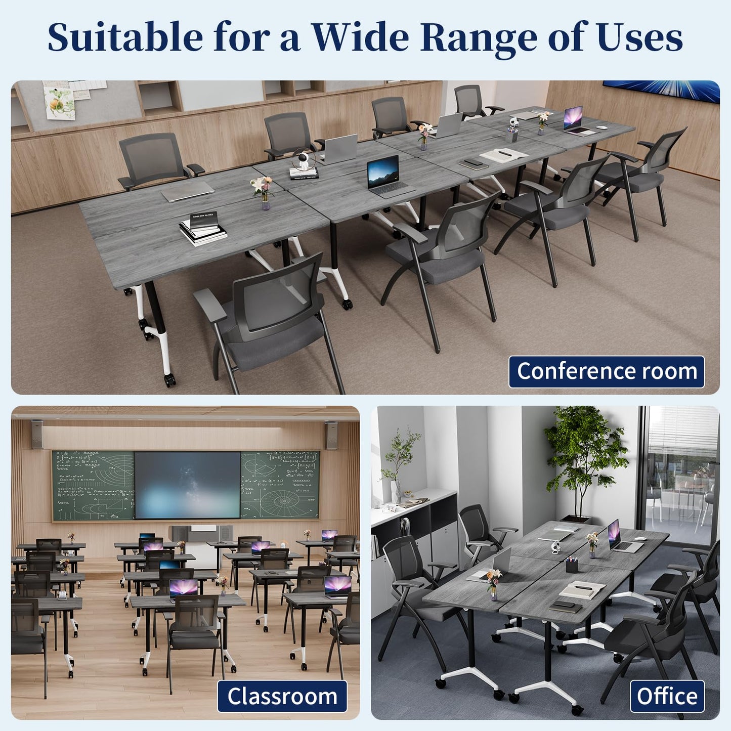 Modular Folding Conference Table with Wheels,8 Pack Mobile Conference Room Tables,Filp Top Rolling Meeting Training Tables for Office,Classroom,Library,Seminar,Boardroom,school(8pack,Grey,71in)