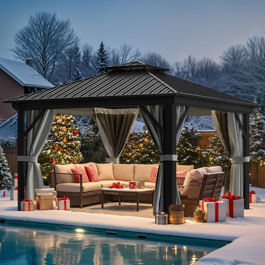 YITAHOME 12x12ft Hardtop Gazebo with Nettings and Curtains, Heavy Duty Double Roof Galvanized Steel Outdoor Combined of Vertical Stripes Roof for Patio, Backyard, Deck, Lawns, Gray