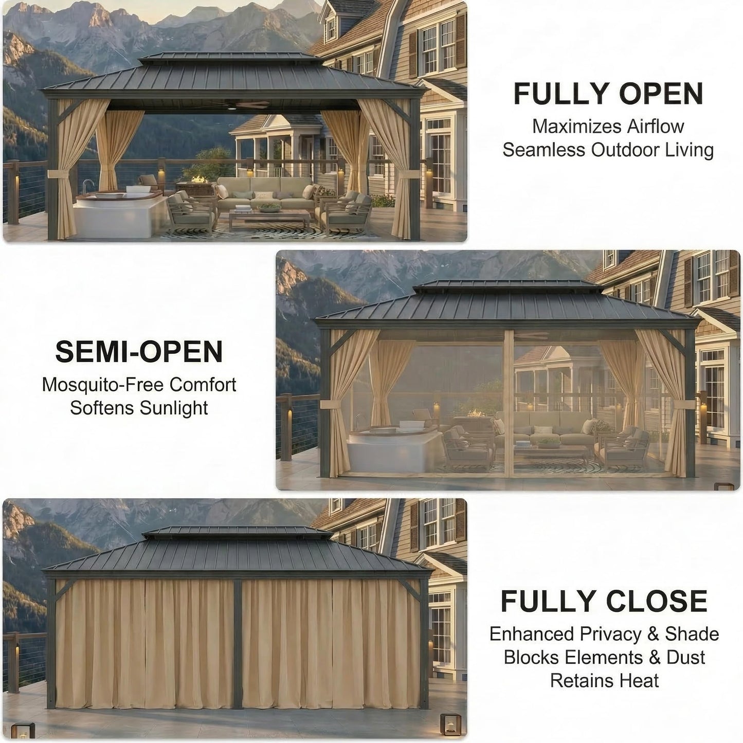 HOTEEL 10x15 Hardtop Gazebo with Flame-Retardant Curtain & Netting, Hot Tub Gazebo with Galvanized Steel Double Roof, Heavy Duty Permanent Pavilion Outdoor for Patio, Frame Thickened, Brown