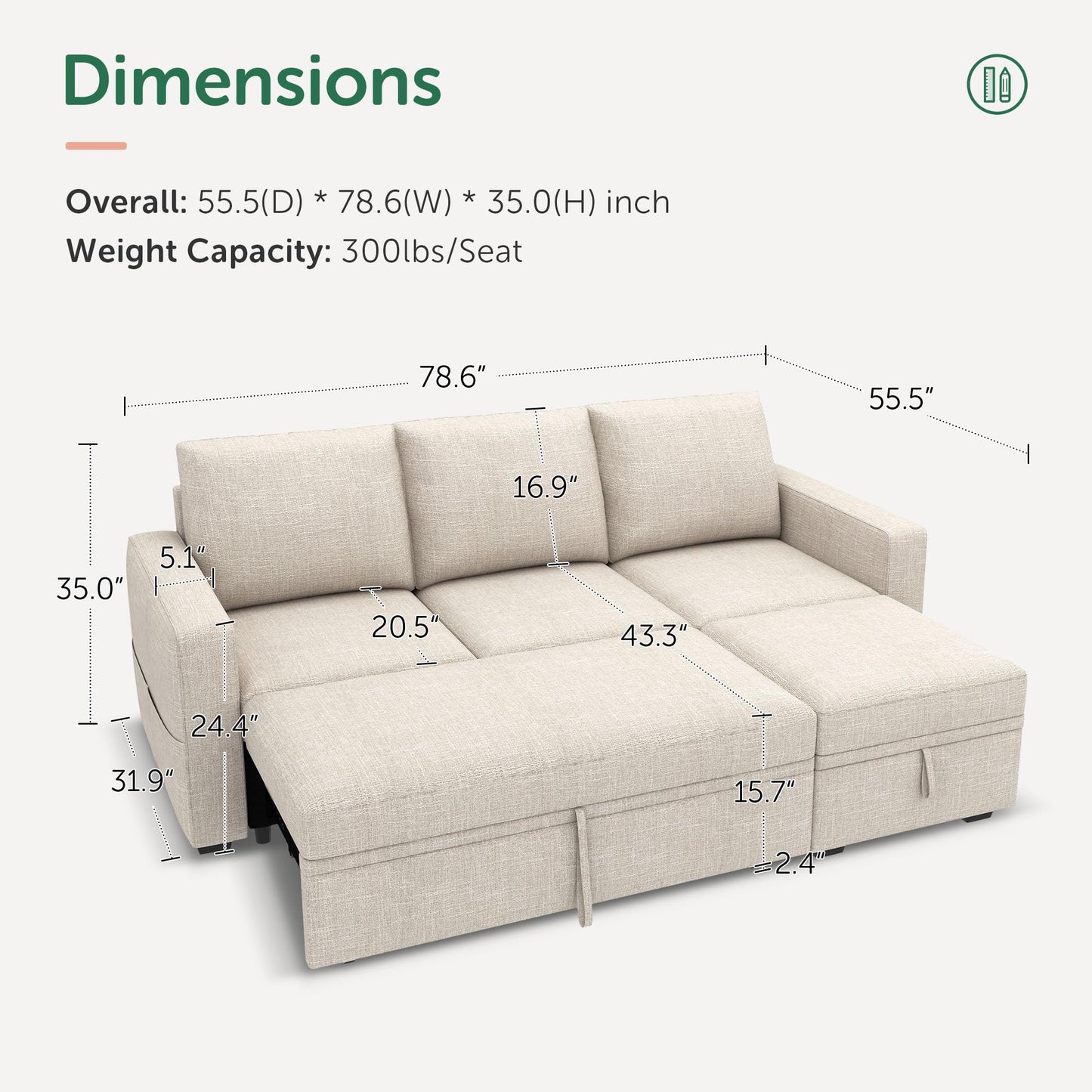 HONBAY Modular Sectional Sleeper Sofa with Pull Out Bed, L Shaped Couch with Storage Seat, Modular Sectional Couches for Living Room - Beige