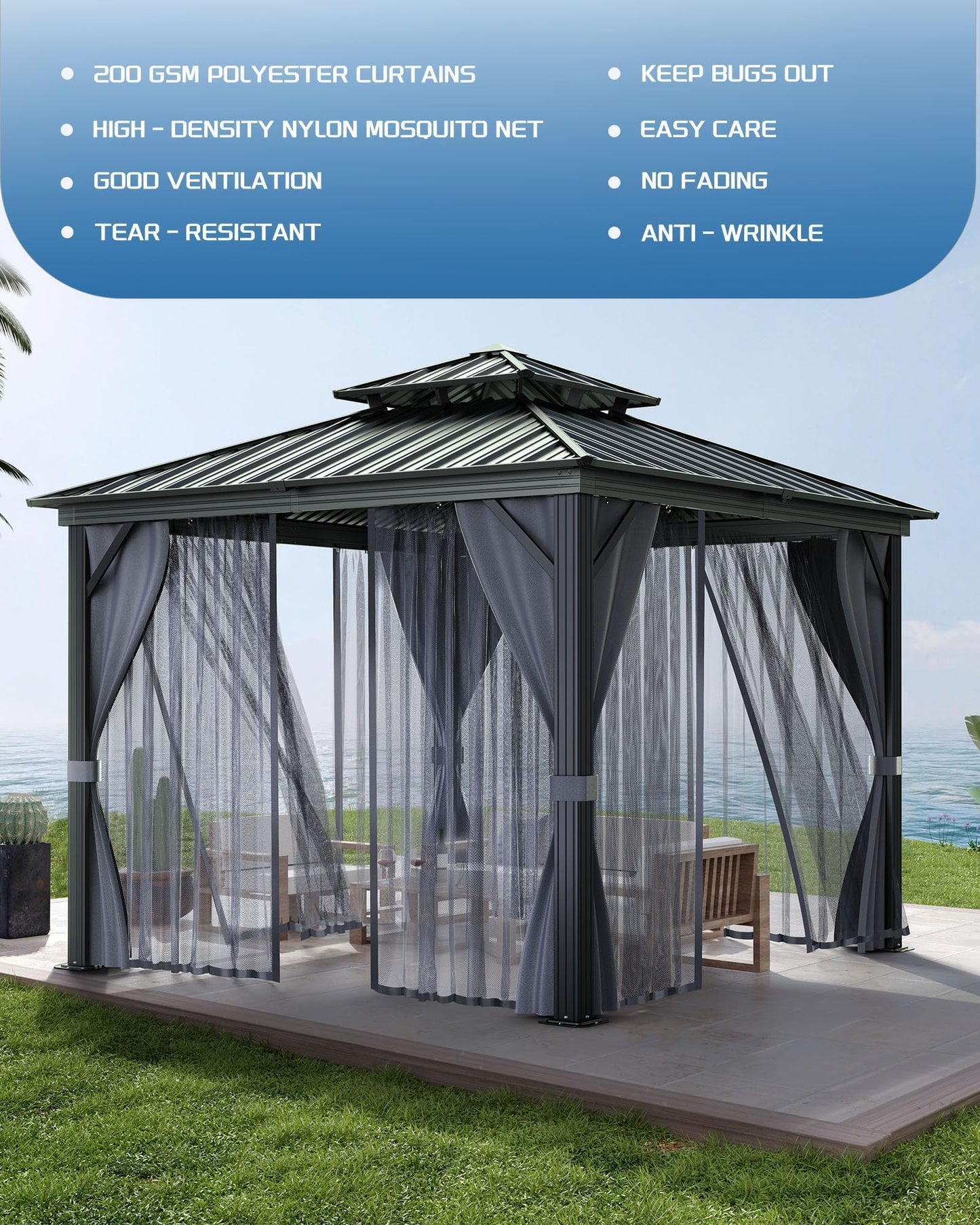 10'X10' Hardtop Gazebo, Galvanized Steel Aluminum Frame with Double Roof, Heavy-Duty Outdoor Patio Gazebo with Curtains & Netting for Backyard, Deck, Porch, Garden, Lawn, Grey