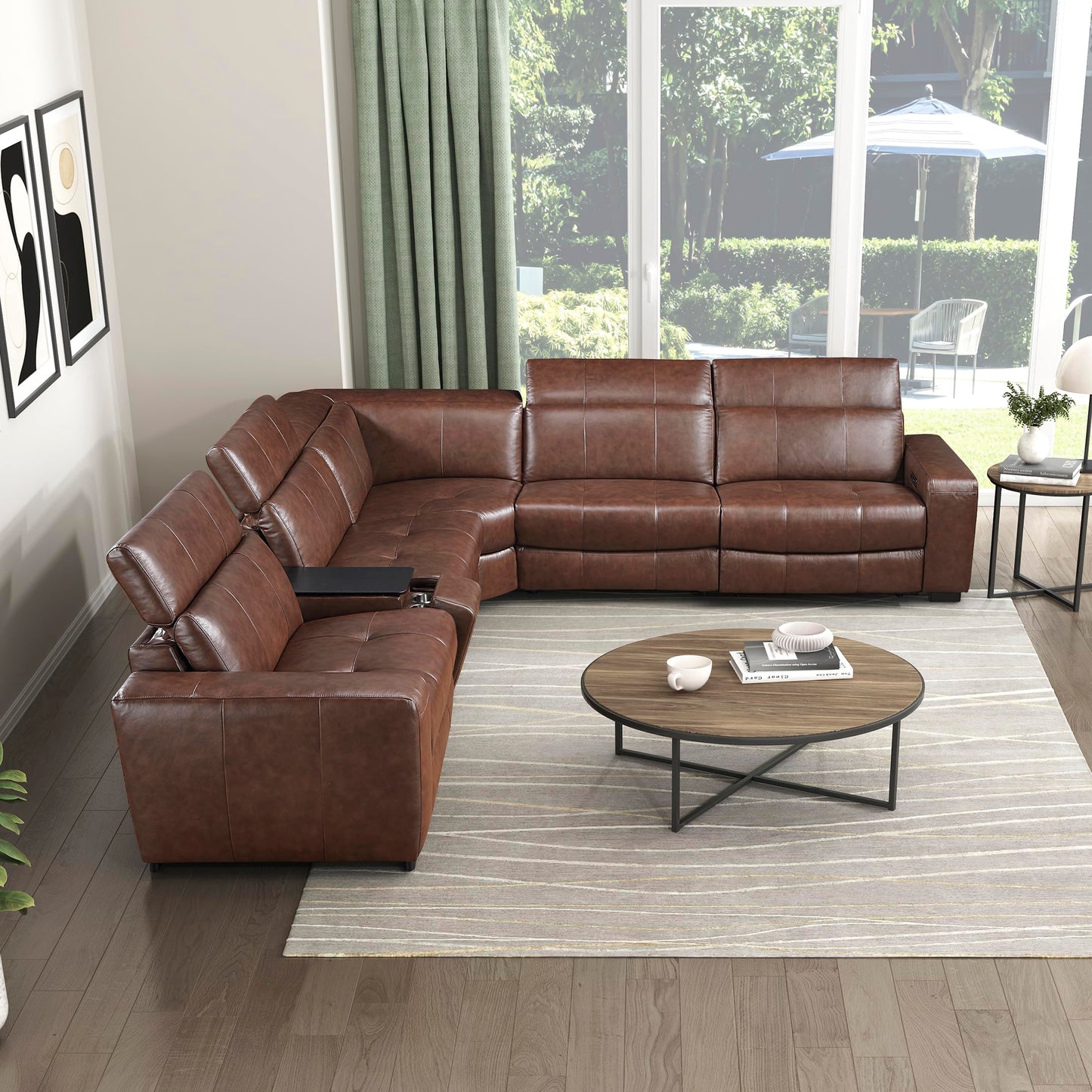 Lexicon Sectional Couches for Living Room-Modular Sectional Sofa, 5 Seater L Shaped Couch, Storage Console, Power Headrests, Charging Ports, 3 Wall Hugger Recliner Seats, Top Grain Leather Brown