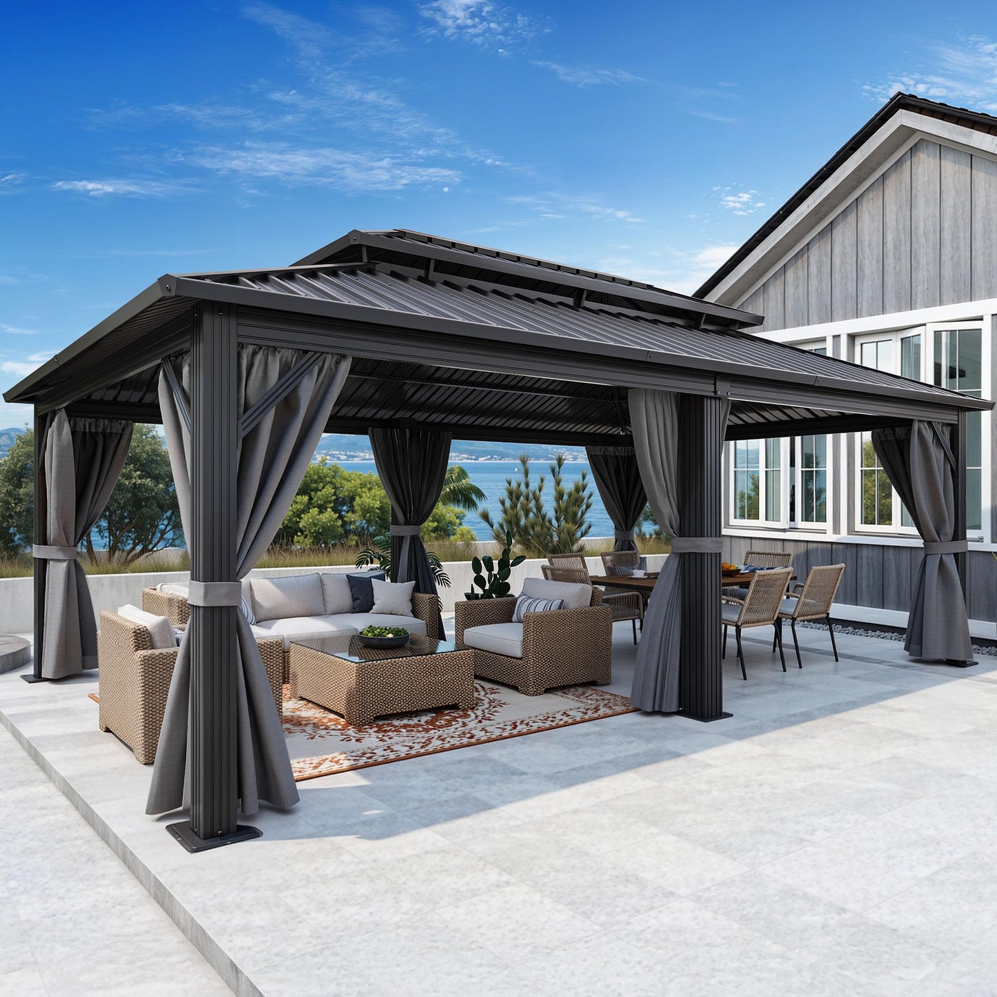 DWVO 12x20ft Aluminum Gazebo Hardtop Double Roof Canopy Outdoor Gazebo Galvanized Roof with Netting and Curtain Garden Tent for Patio, Backyard and Deck