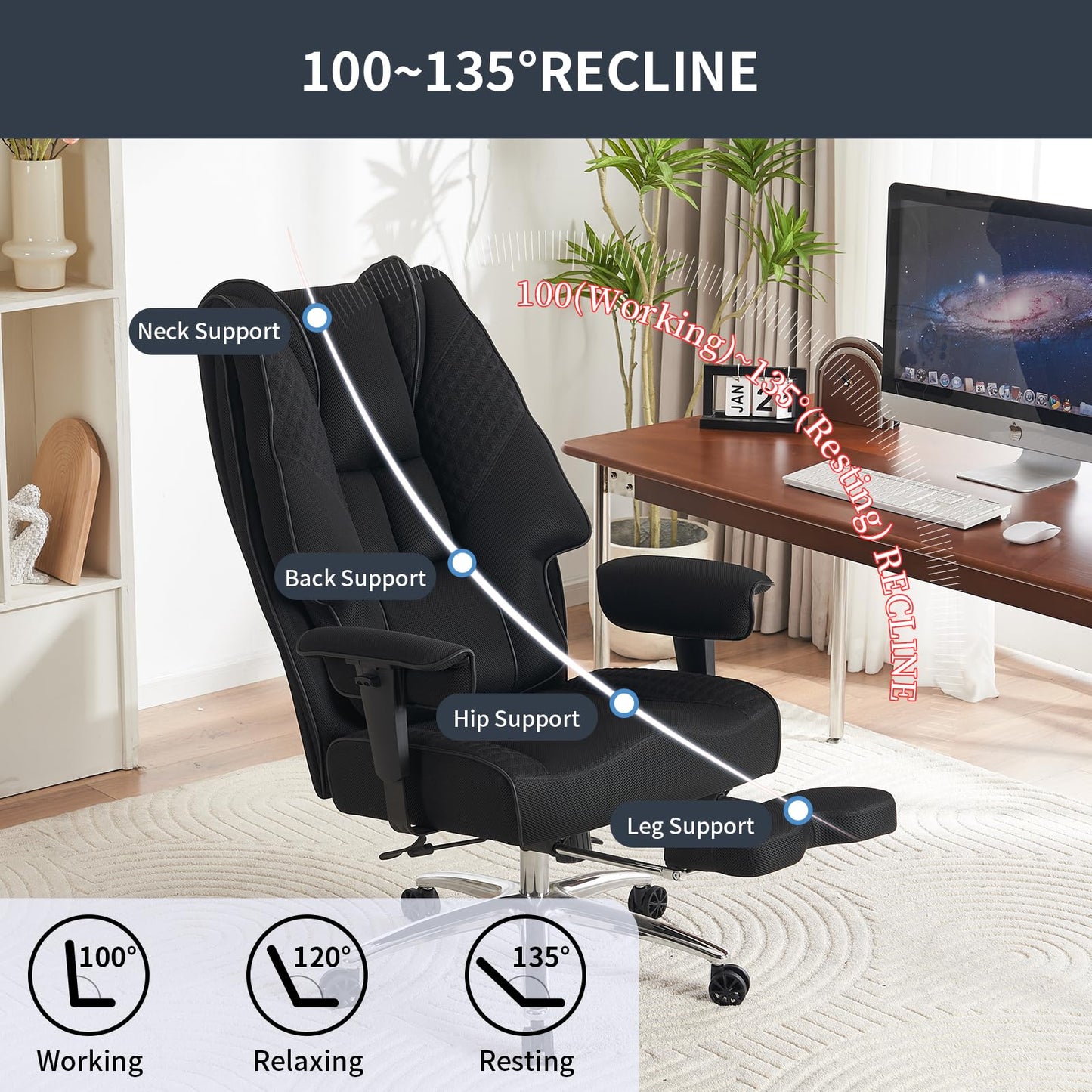 Big and Tall Office Chair 400lbs Wide Seat, Leather High Back Executive Office Chair with Foot Rest, Ergonomic Chairs Lumbar Support for Lower Back Pain Relief (Mesh Black)