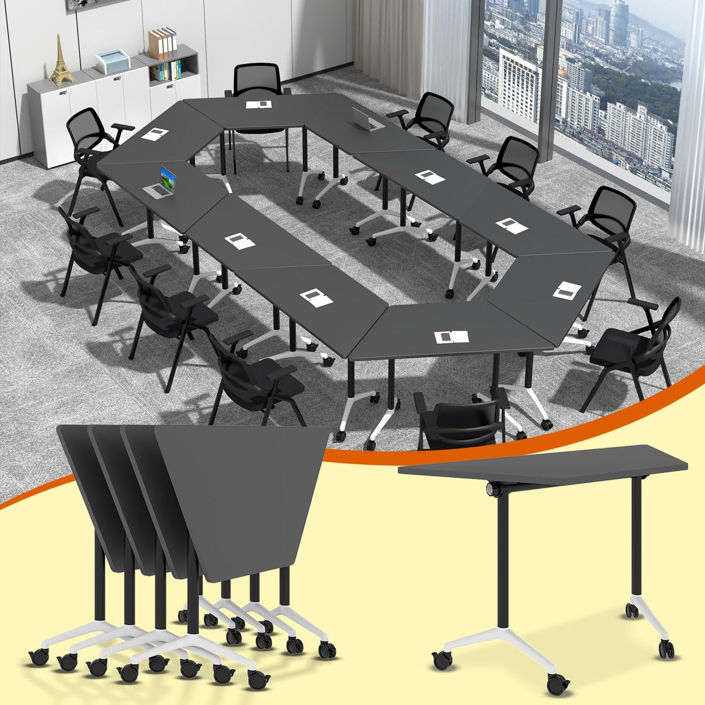 Modular Conference Table,Modern Flip Top Folding Meeting Room Table,47.2in Mobile Training Seminar Table with Wheels,4 Pack Stackable Rollling Conference Room Tables for Office,Classr,Support 550lbs