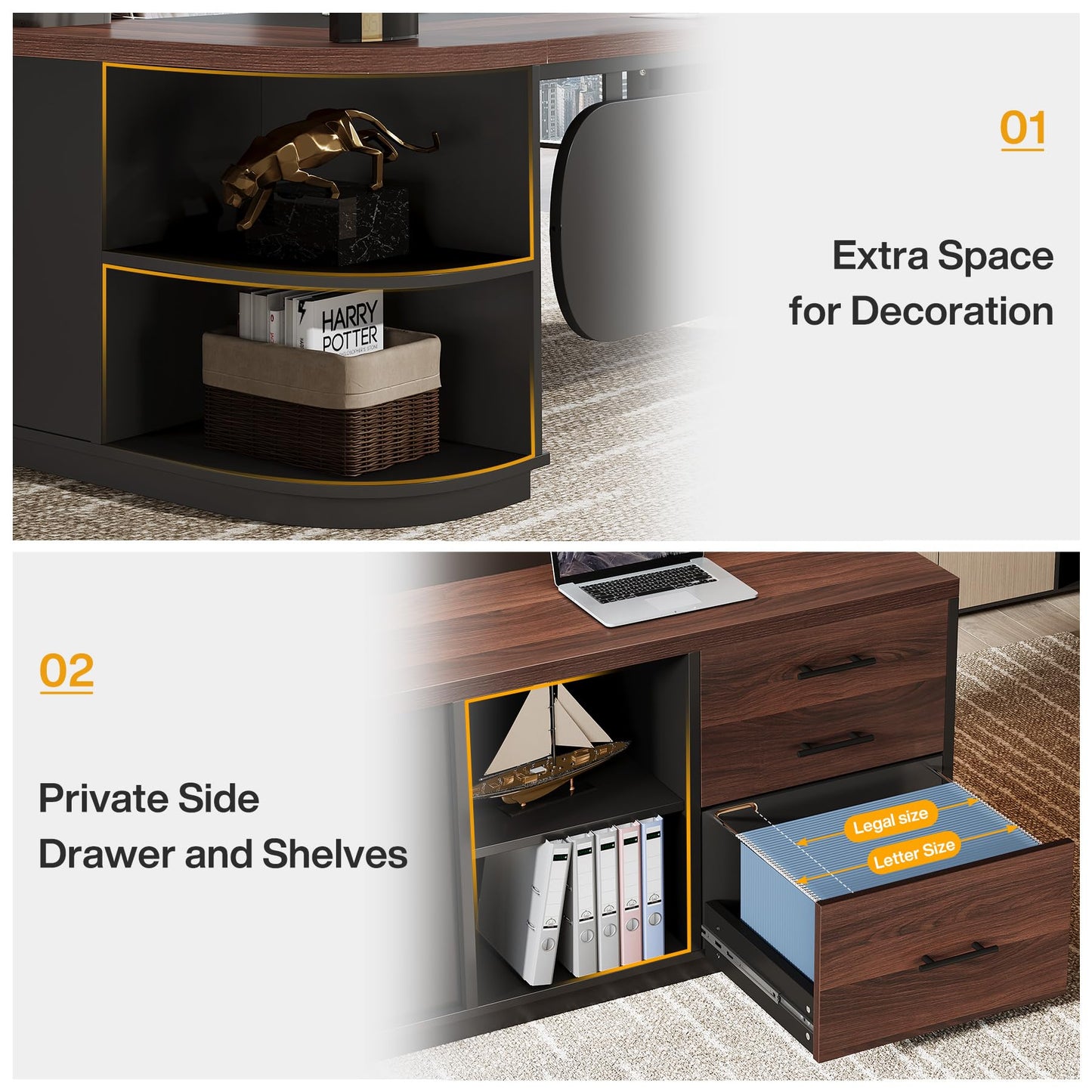 Tribesigns 80'' L-Shaped Desk Set of 4, Large Executive Office Desk with 55'' Drawers Cabinet, Modern Computer Table with Storage Shelves, Business Furniture for Office, Walnut & Black