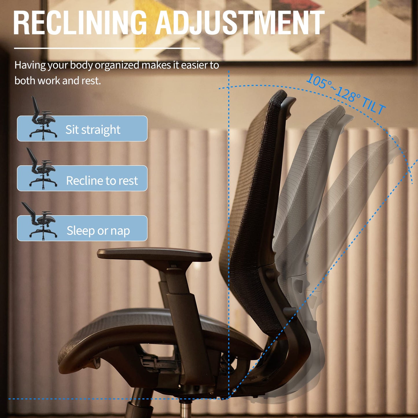 ELABEST Ergonomic Mesh Office Chair,Comfy Computer Desk Chair - BIFMA 5.1 Certified Commercial Swivel Task Chair for Home Office - Adjustable Lumbar Support & Armrests,Tilt Function,Wide Seat (Black)