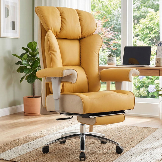 Efomao Big and Tall Green Office Chair 450LBS – Ergonomic High-Back Executive Chair with Footrest, Adjustable Padded Armrests, PU Leather Computer Chair with Lumbar Support for Home or Office, Yellow