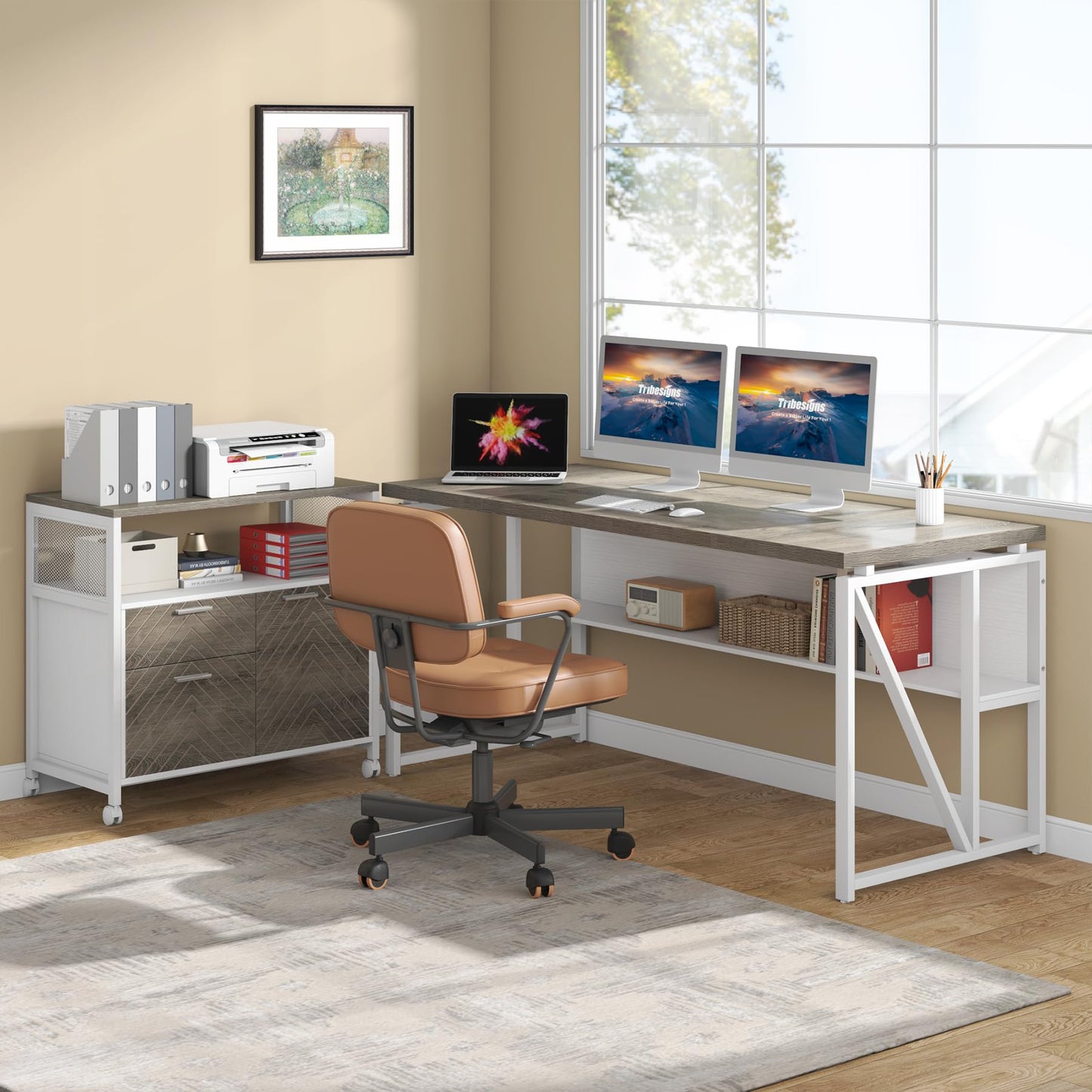 Tribesigns L Shaped Desk with Drawer Cabinet, 63" Executive Computer Desk and lateral File Cabinet, 2 Piece Home Office Furniture with Drawers for Hanging File, Doors with Locks (Dark Oak, 63-inches)