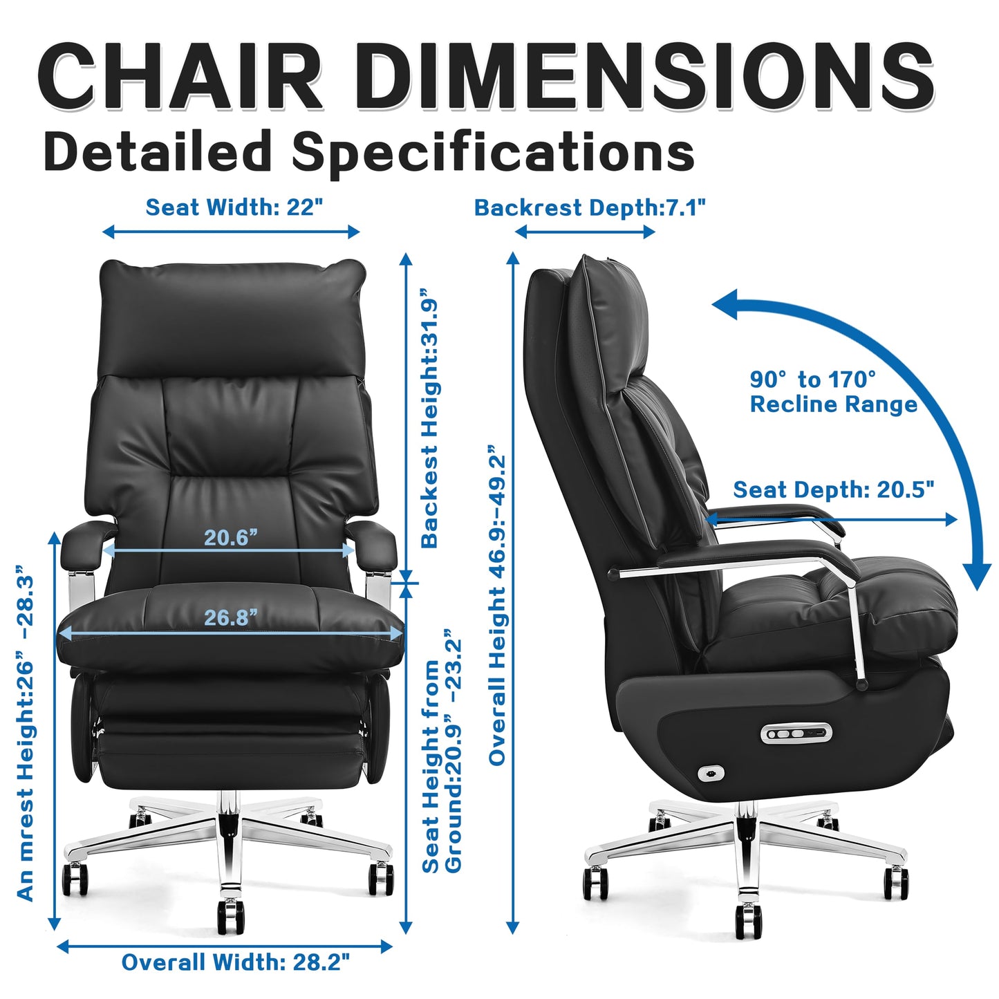 Dual Motor Executive Office Chair with Footrest, 170° Reclining Wide Seat Ergonomic Leather Desk Chair, One-Touch Reset, 450LBS Big and Tall for Home&Office (Black)