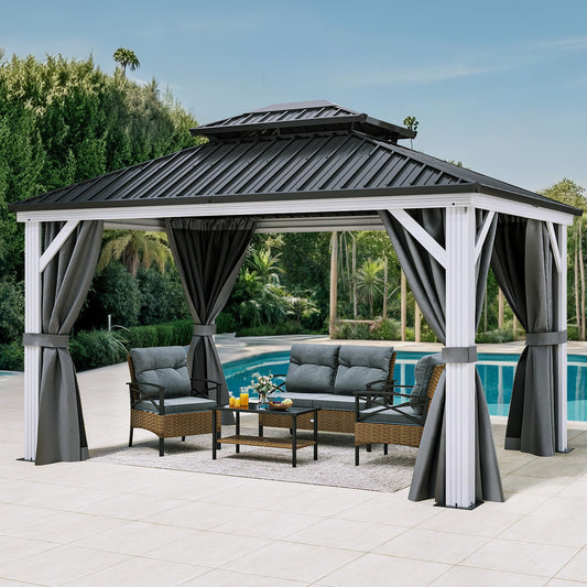 YITAHOME 10X12FT White Hardtop Metal Gazebo Patios Double Roof Canopy Aluminum Frame Garden Gazebo Tent Curtains Netting for Patios Backyards Decks Lawns