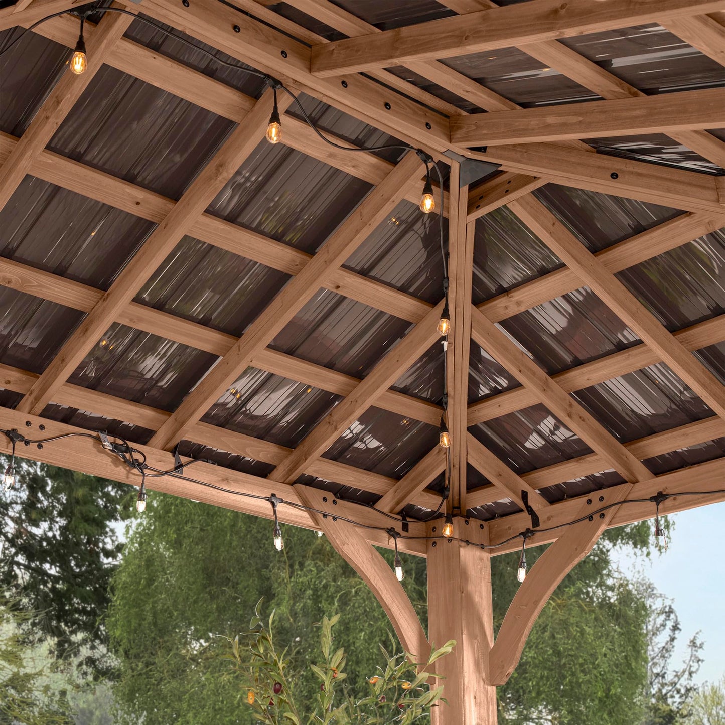 Backyard Discovery Barrington 16' x 12' Cedar Wood Outdoor Gazebo Pavilion with Hardtop Galvanized Steel Hip Roof, Snow Support, Wind Resistance, PowerPort, Shade for Garden, Patio, Deck, Entertaining