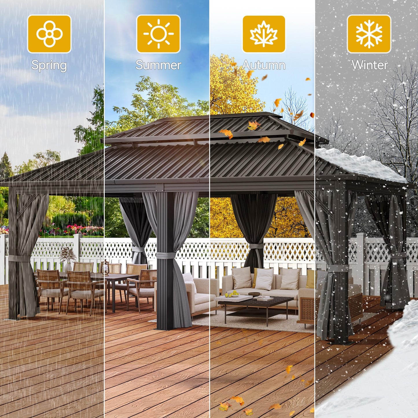 DWVO 12x18ft Hardtop Gazebo Double Roof with Nettings and Curtains, Heavy Duty Galvanized Steel Outdoor Vertical Stripes Roof for Patio, Backyard, Deck, Lawns, Gray