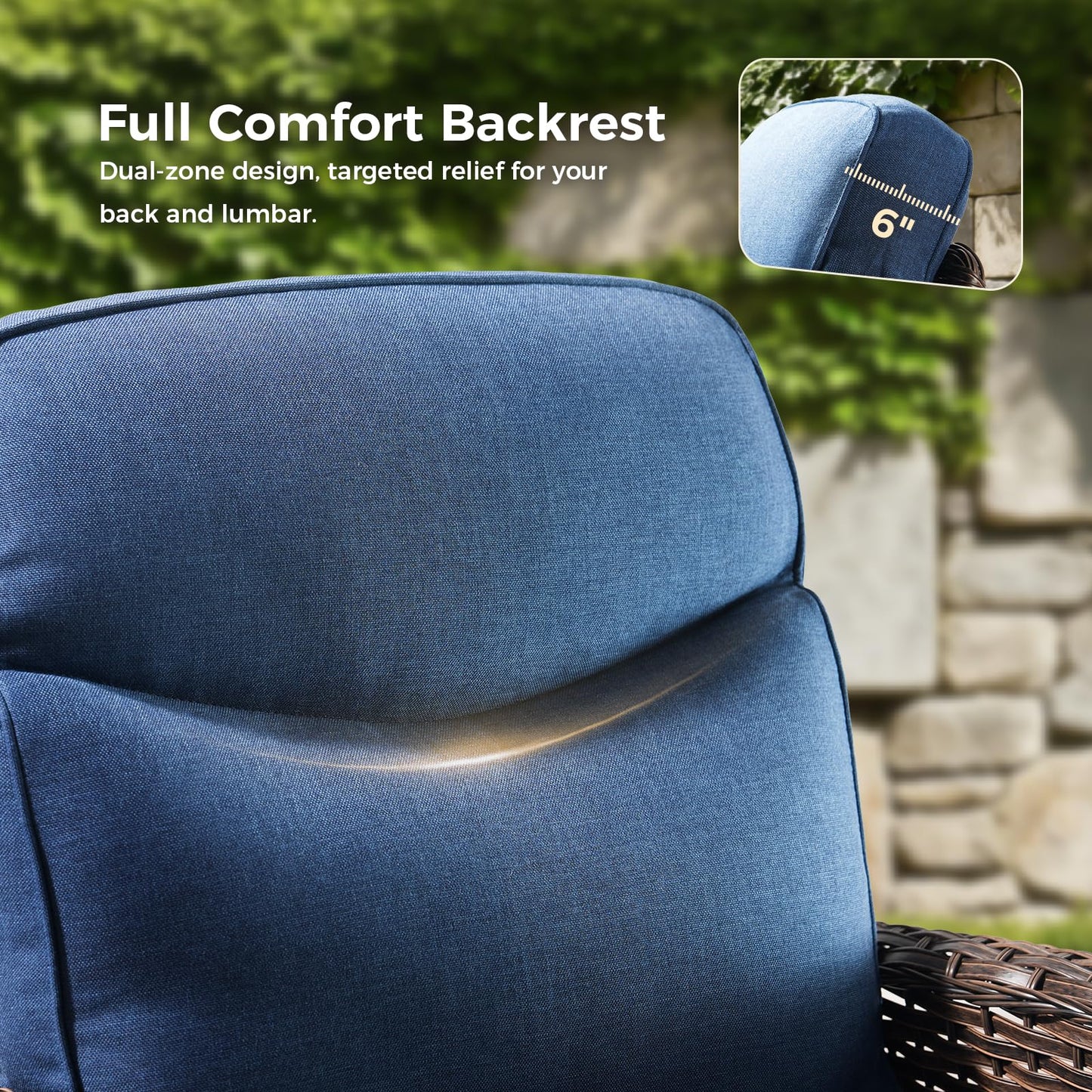 Luxury Patio Furniture Set with 6-inch Thick Cushions, Outdoor Furniture Set with High Back Swivel Chairs, 6 PCS Wicker Outdoor Conversation Set for Porch, Patio, Yard, Deck, Poolside, Brown/Blue